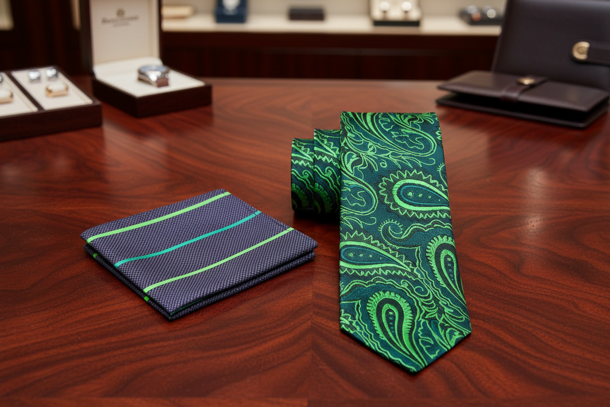 Alt View: Green Paisley Canopy Tie and Grey, Green Stripe Pocket Square