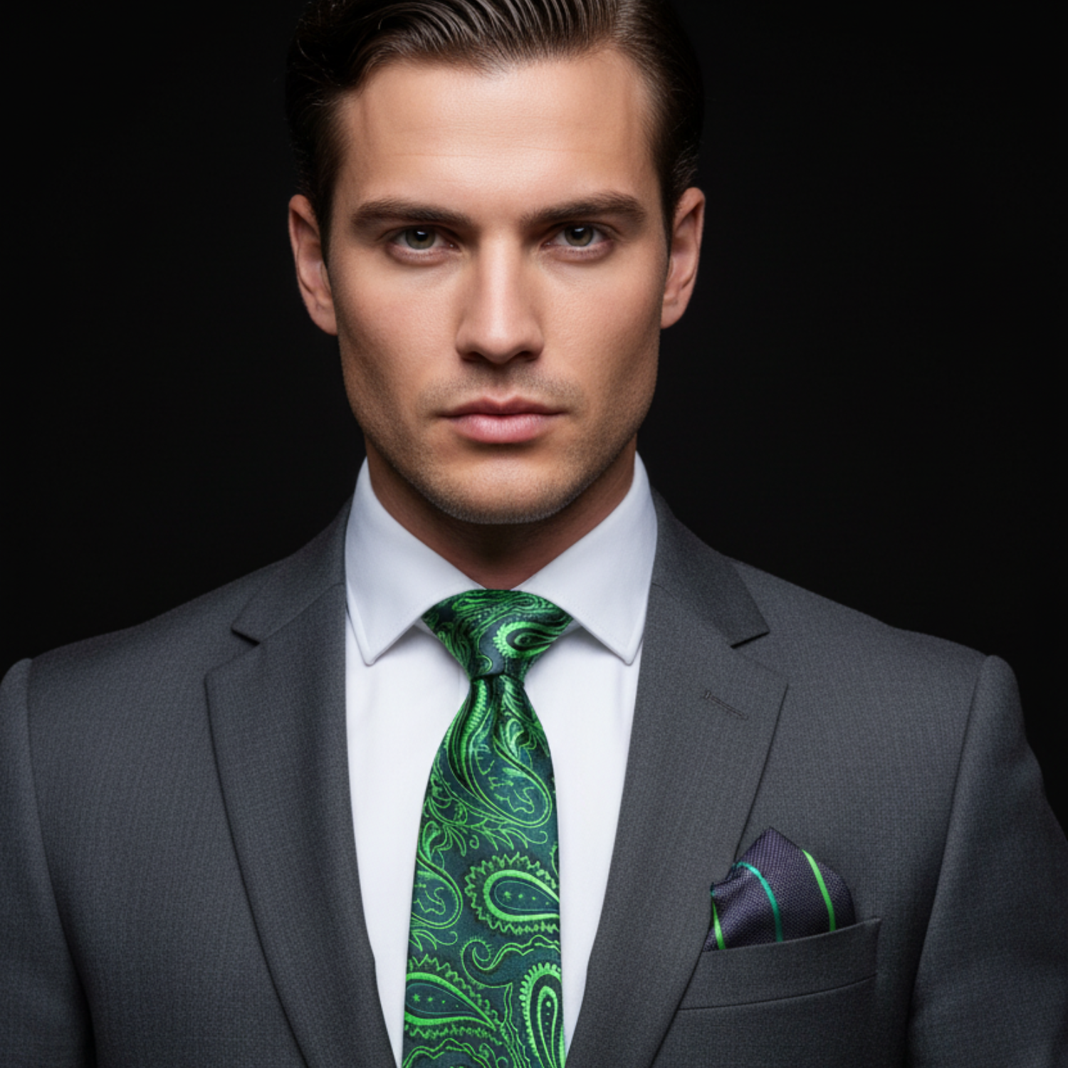 Man wearing a gray suit with a green paisley tie and pocket square on a black background