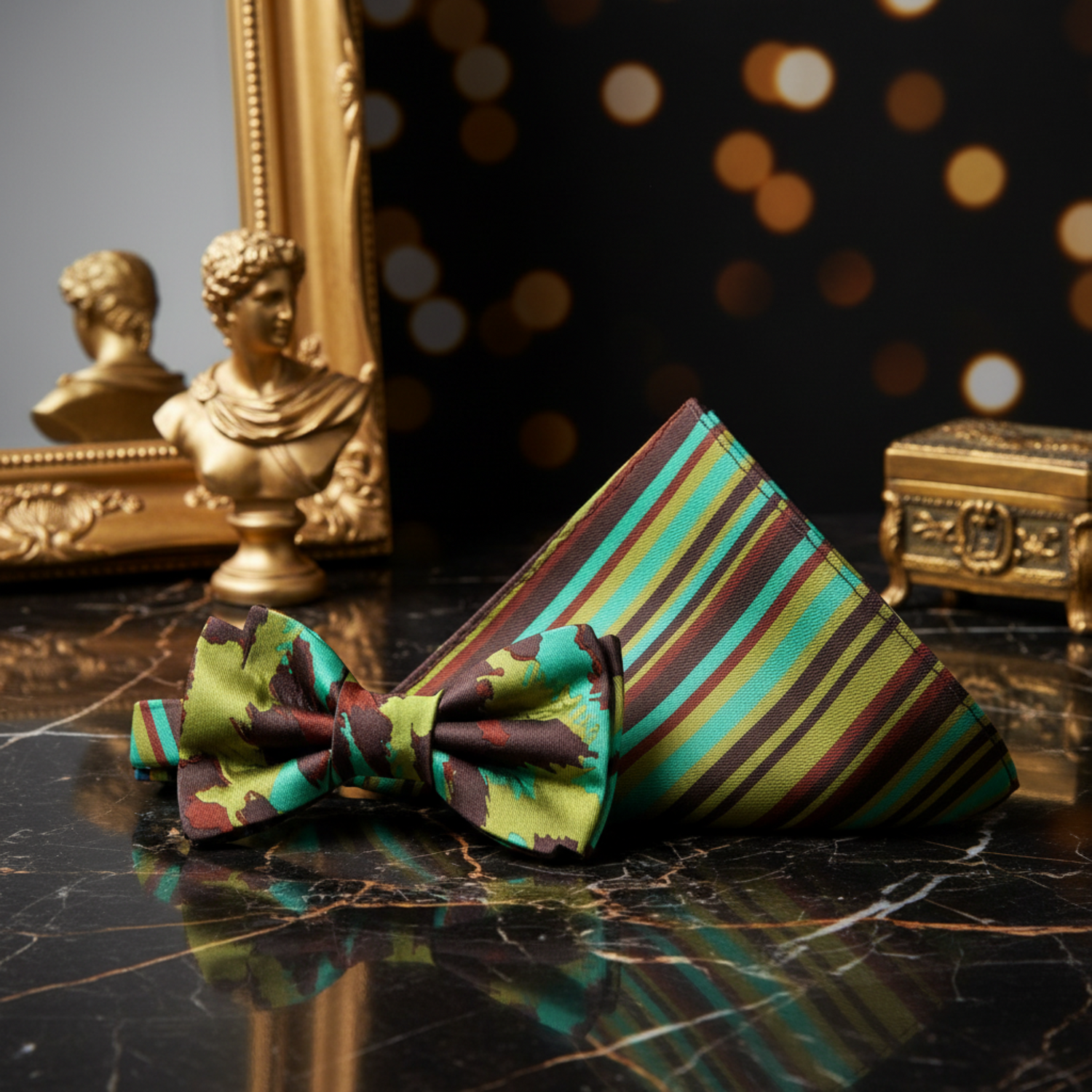 Green, Brown, Olive Cheetah Bow Tie and Pocket Square||Green, Brown, Lime