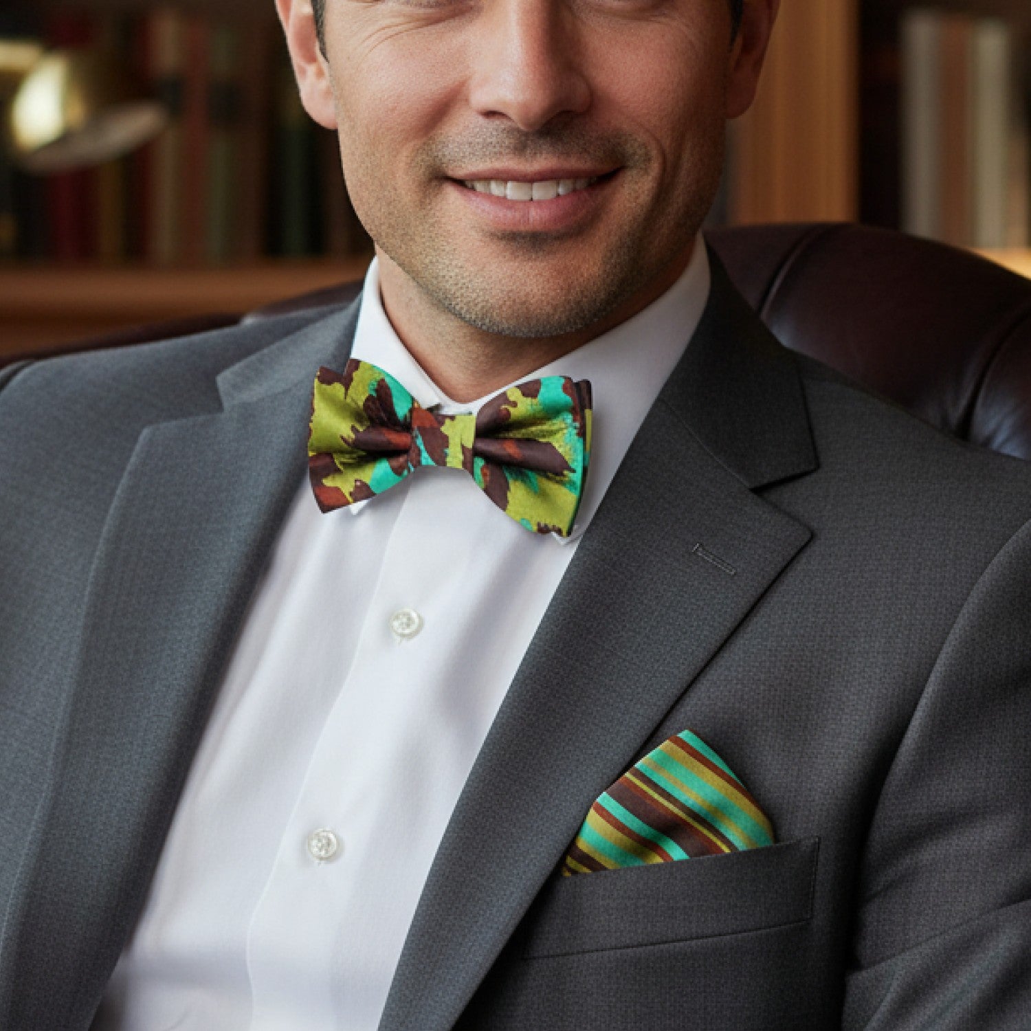 Man wearing a gray suit with a colorful bow tie and pocket square, sitting in a chair.