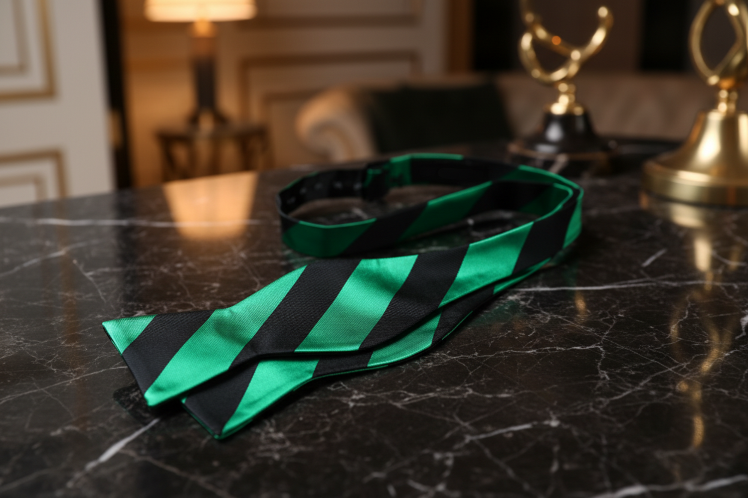 Self Tie: Green Black Stripe Bow Tie and Pocket Square
