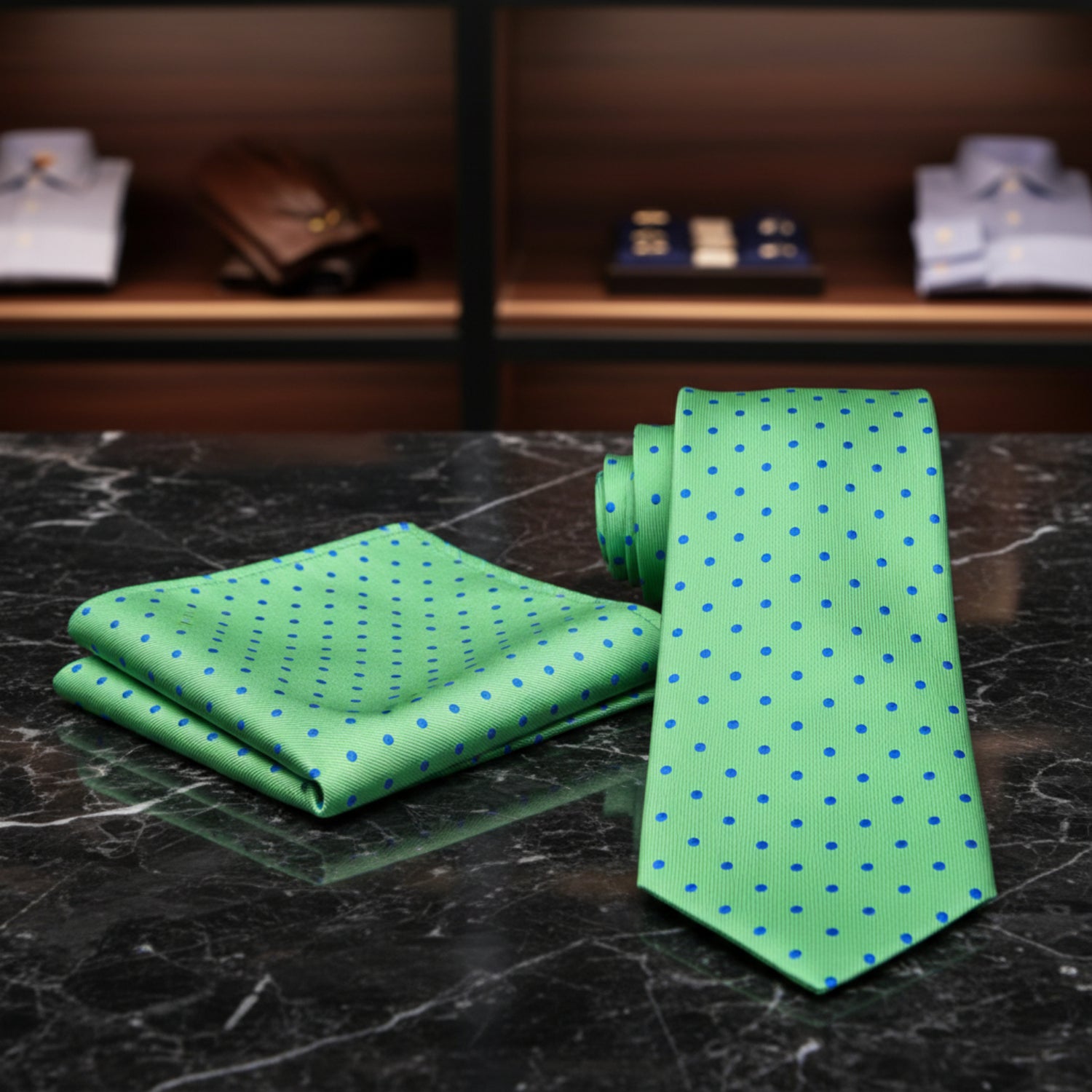 Green tie with blue polka dots and matching pocket square on a marble background