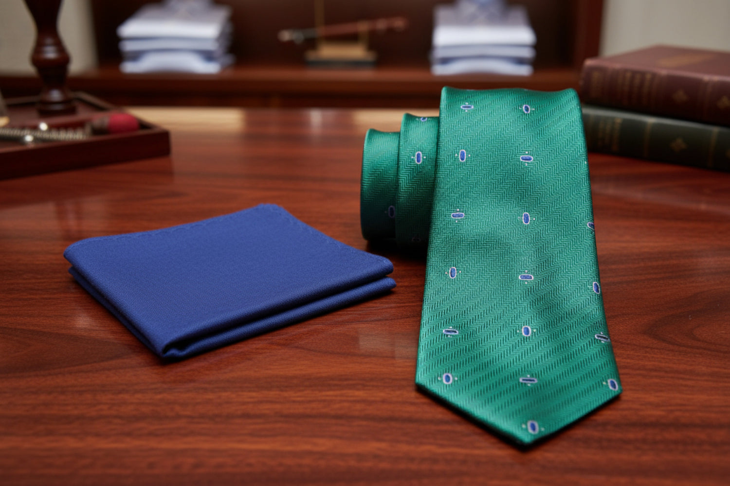 Alt View: Green, Blue Ovals Necktie with Dark Blue Square