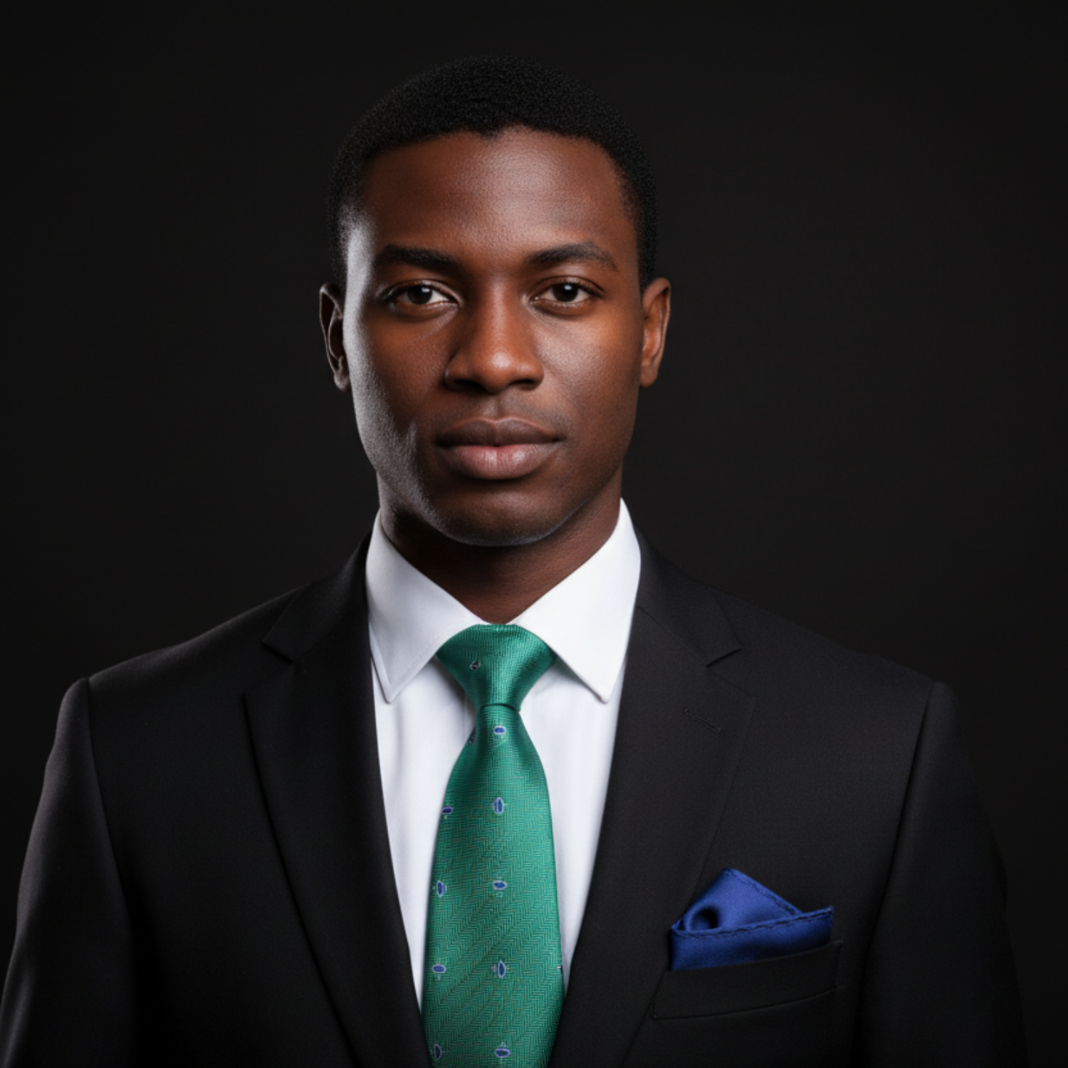 Man wearing a black suit with a green tie and blue pocket square on a black background