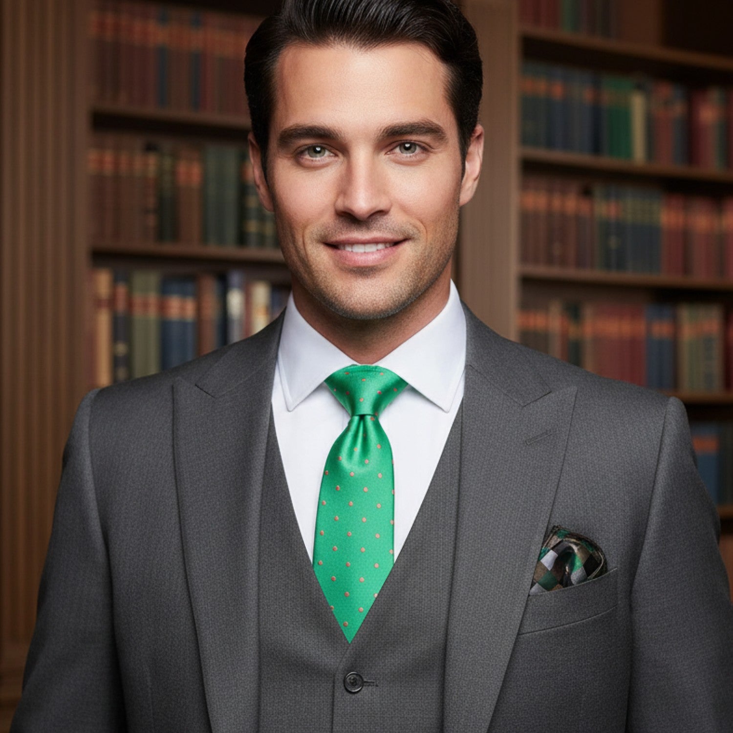 Man wearing a gray suit with a green tie in front of bookshelves