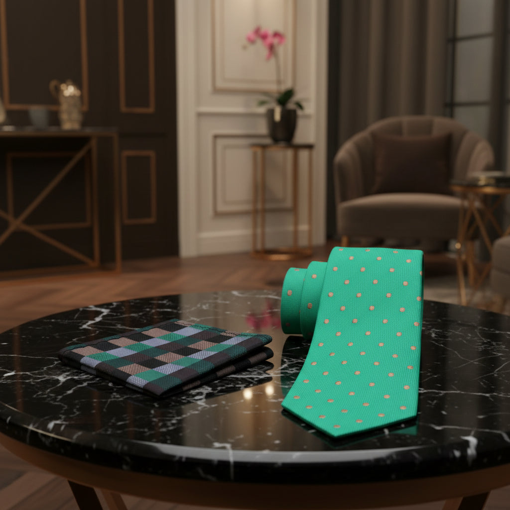 Alt View: Green, Brown Polka Tie and Accenting Check Square