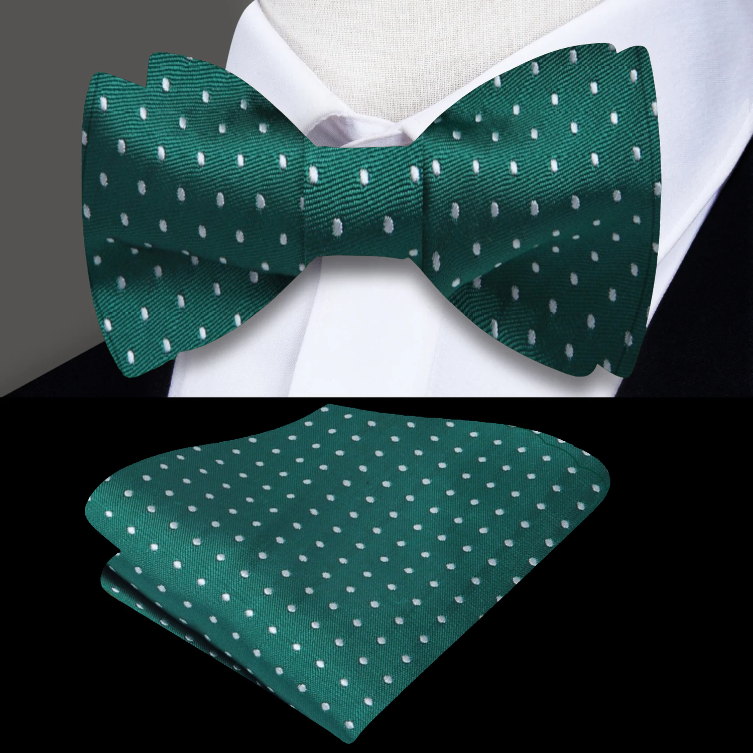 Main View: A Green, White Polka Dot Pattern Self Tie Bow Tie, Matching Pocket Square