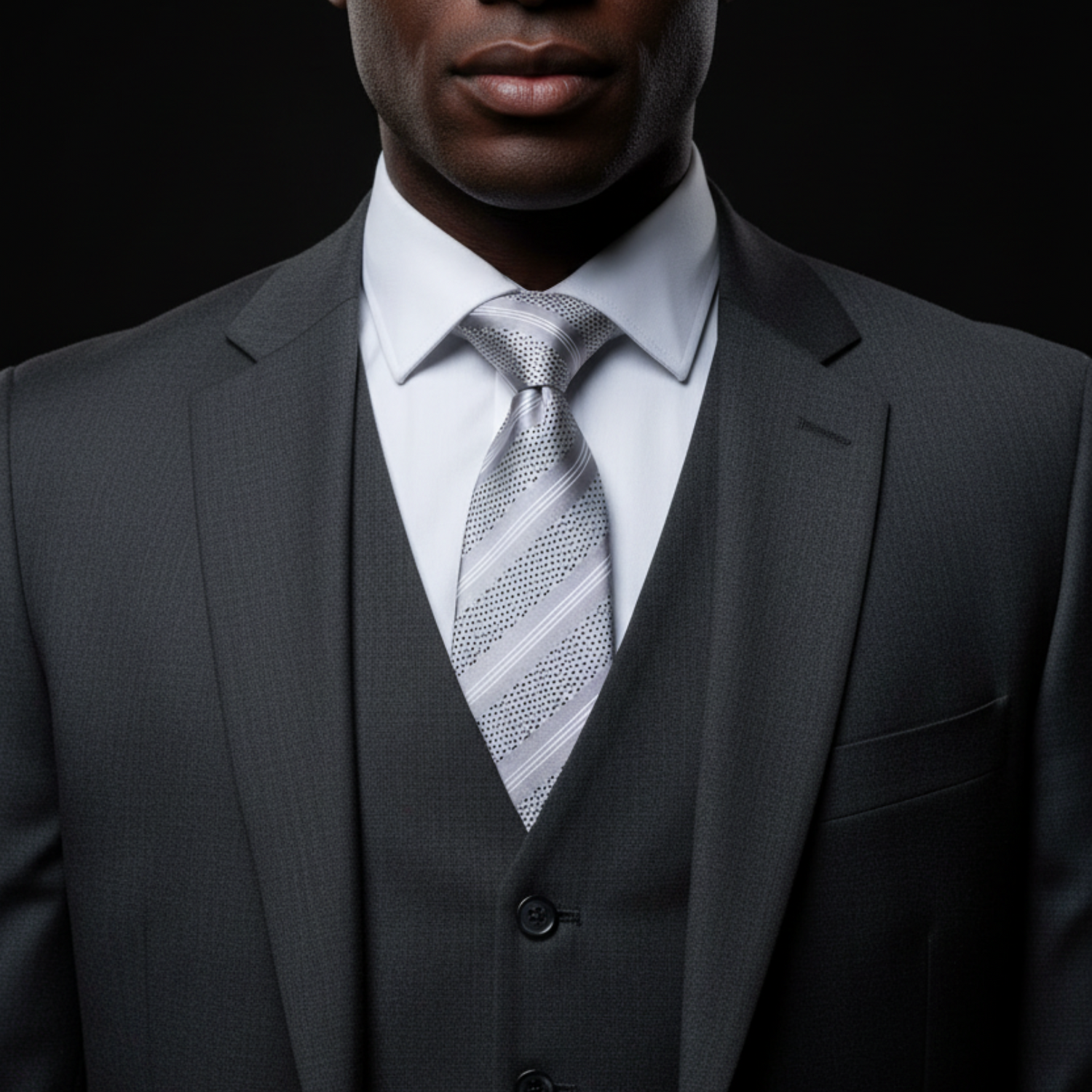 Man wearing a gray suit with a white shirt and patterned tie on a black background