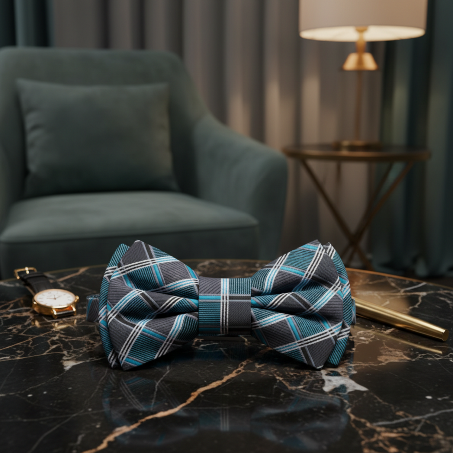 Grey, Teal Geometric Bow Tie Pre Tied