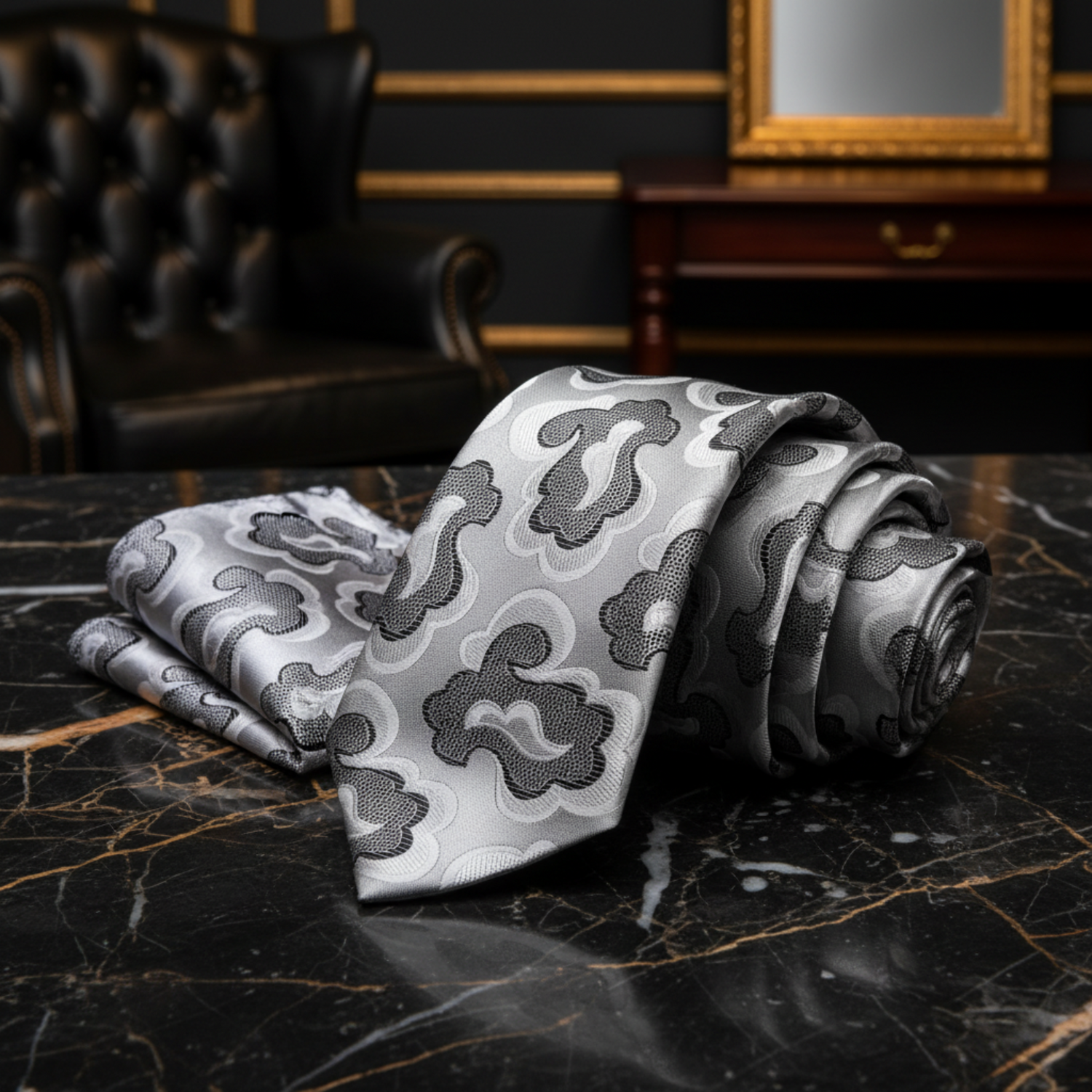 Gray patterned tie and pocket square set on a white background