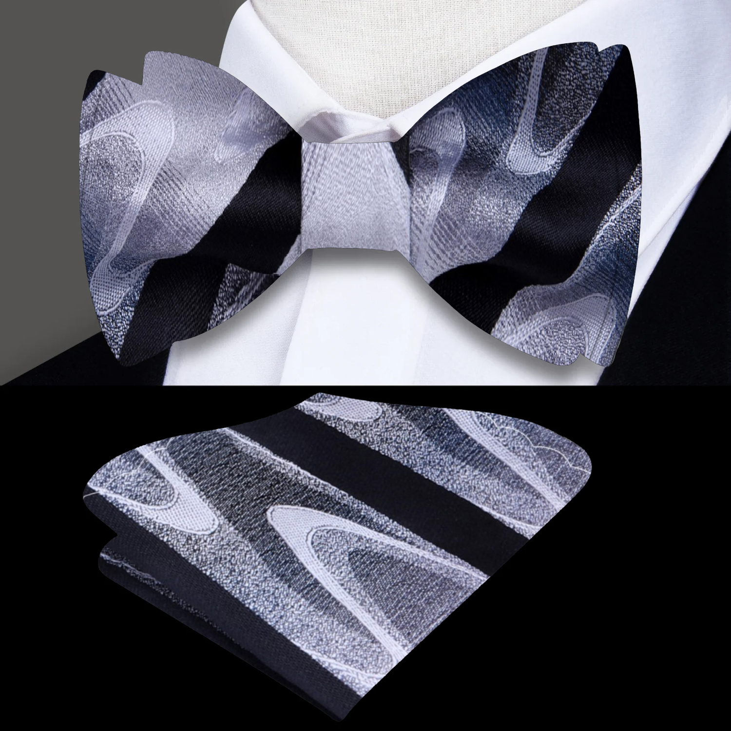 Grey, Black Stripe and Waves Bow Tie and Pocket Square