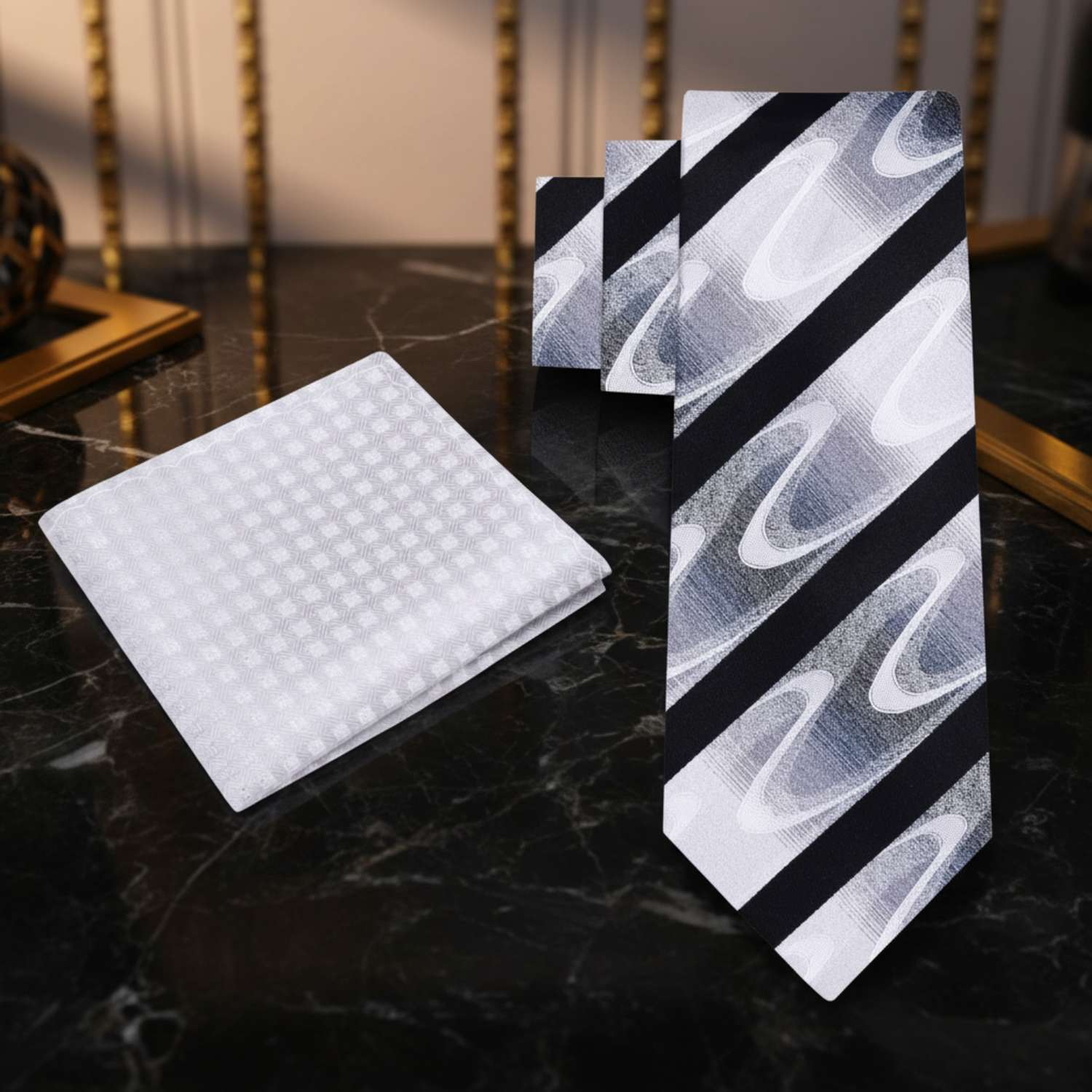 A Black, White, Grey With Abstract Wave And Black Stripe Pattern Necktie, Accenting Pocket Square