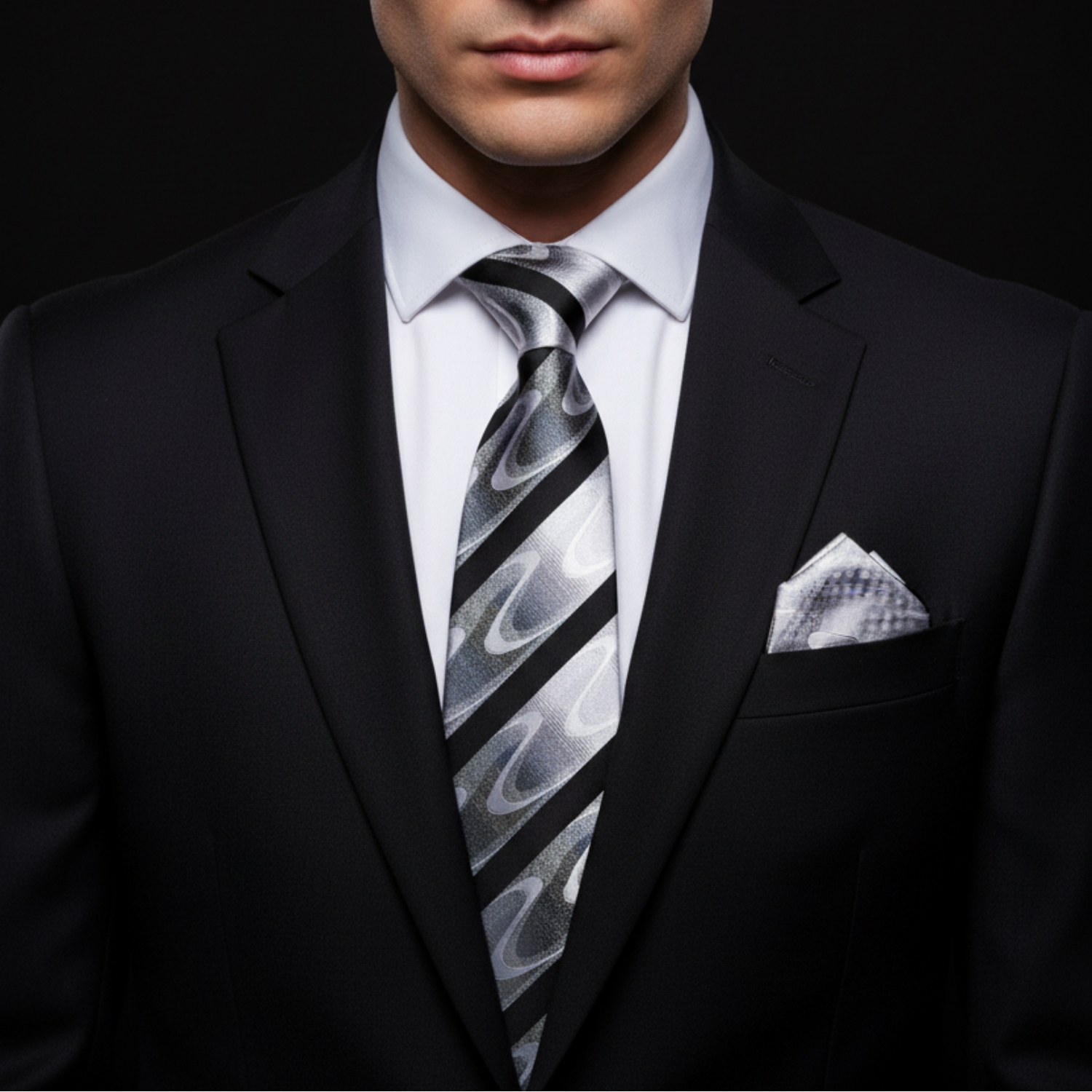 Abstract Wave Stripe Necktie Collection in White & Black or Grey & Black