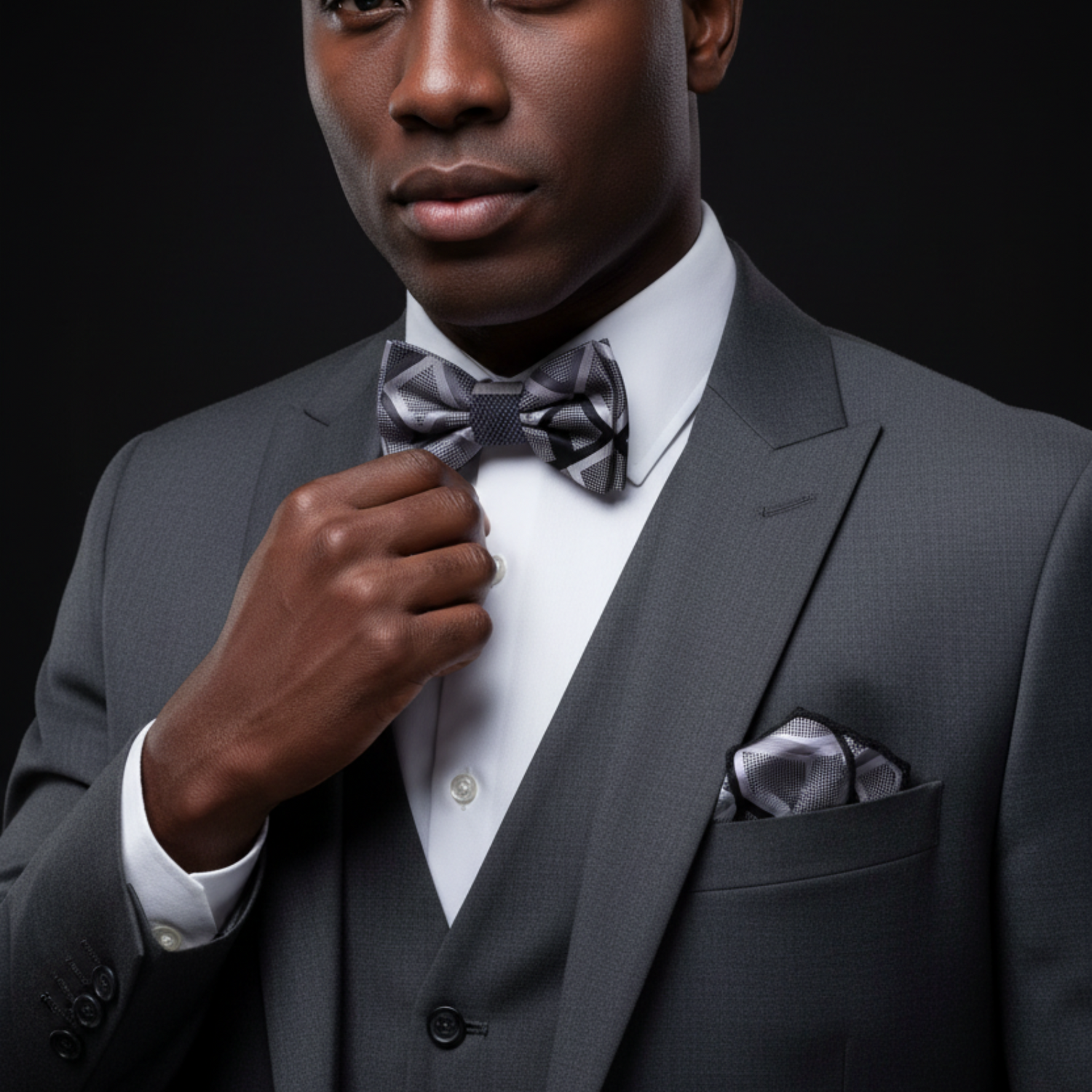 Man adjusting his gray bow tie against a black background