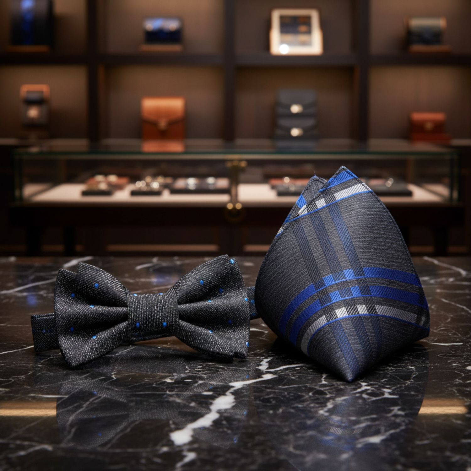 Grey, Black, Blue Abstract with Dots Bow Tie and Accenting Square