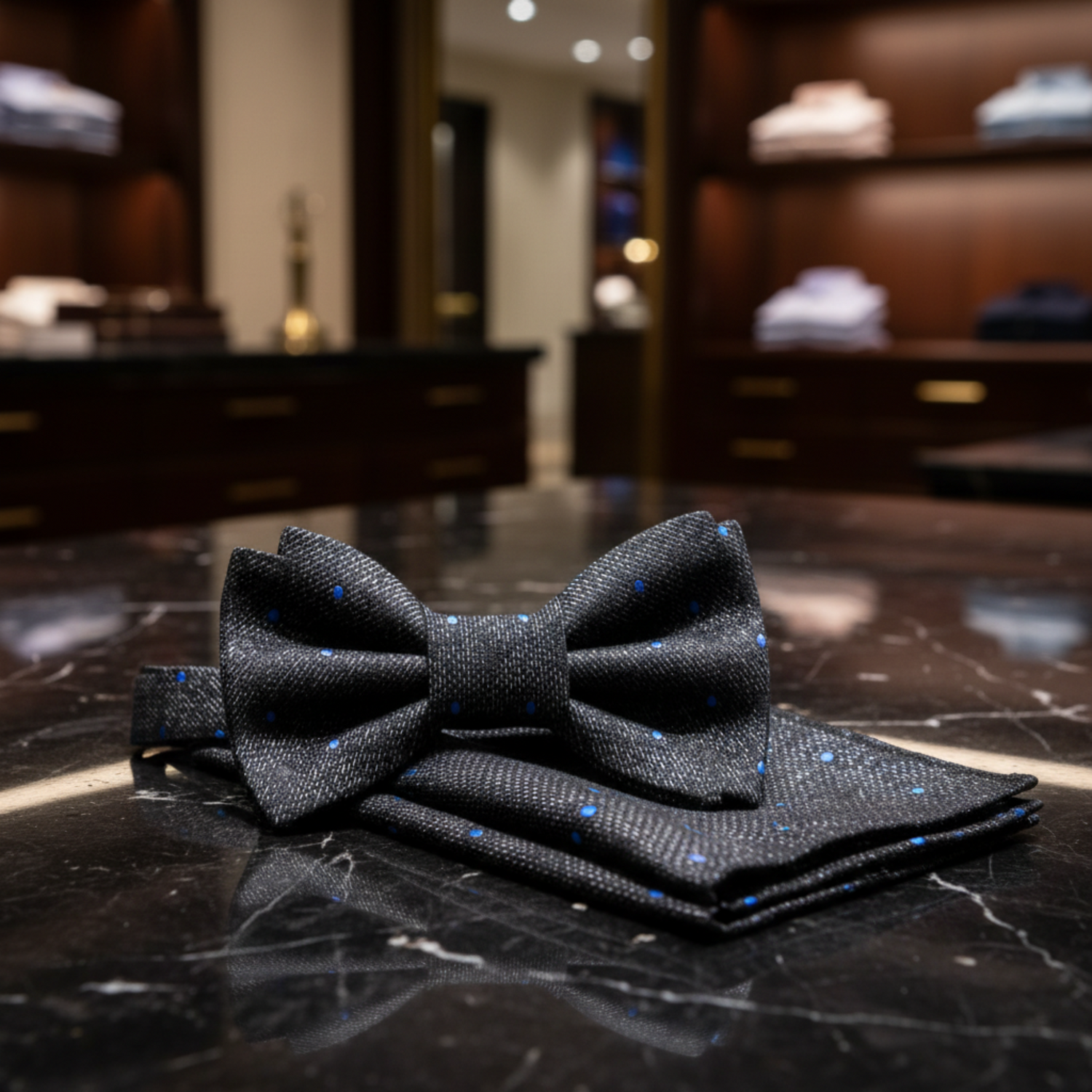 Grey, Black, Blue Abstract with Dots Bow Tie and Matching Square