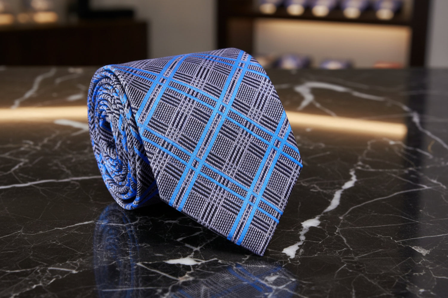 Grey, Blue, Black Plaid Tie 