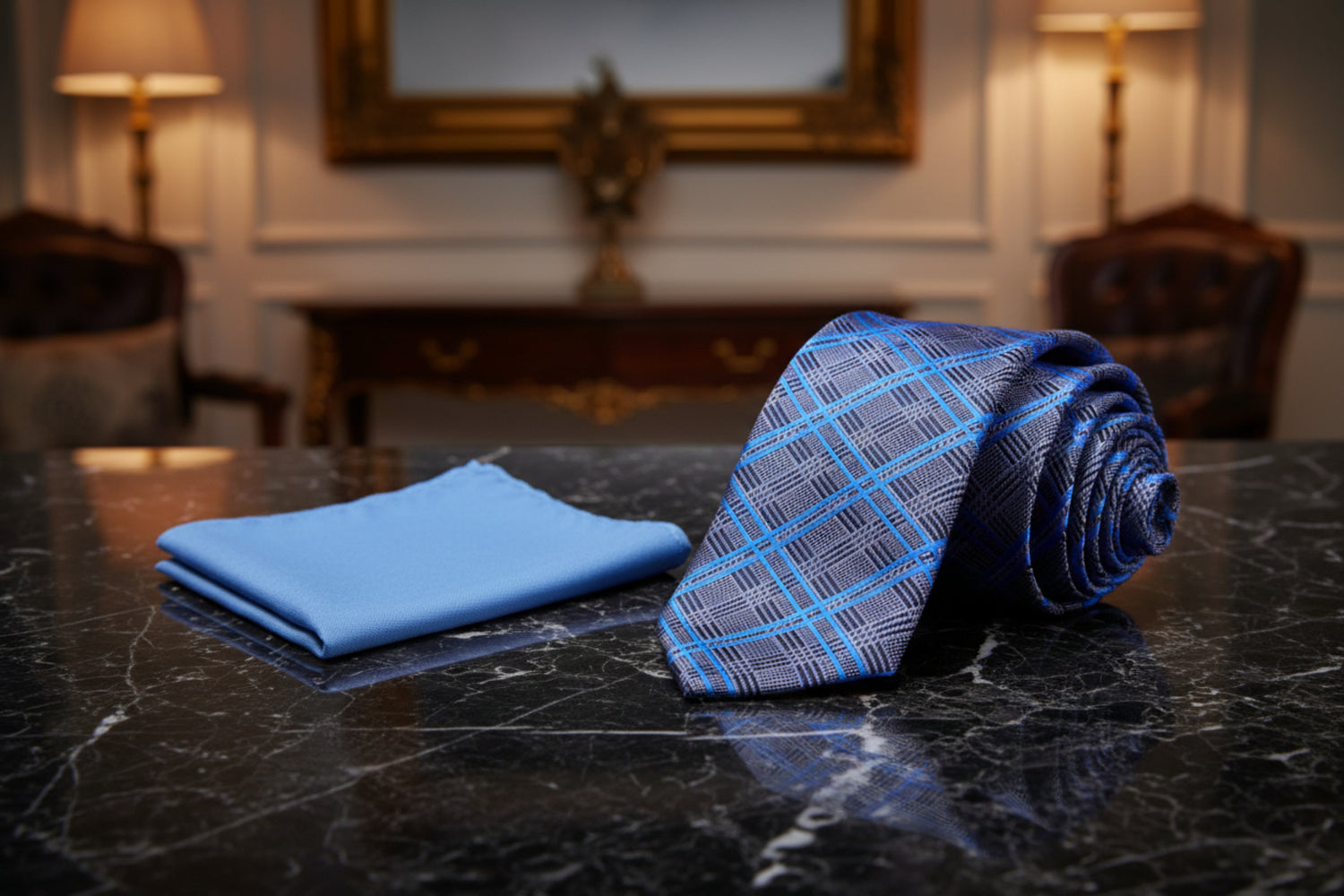 Alt View: Grey, Blue, Black Plaid Tie and Blue Square