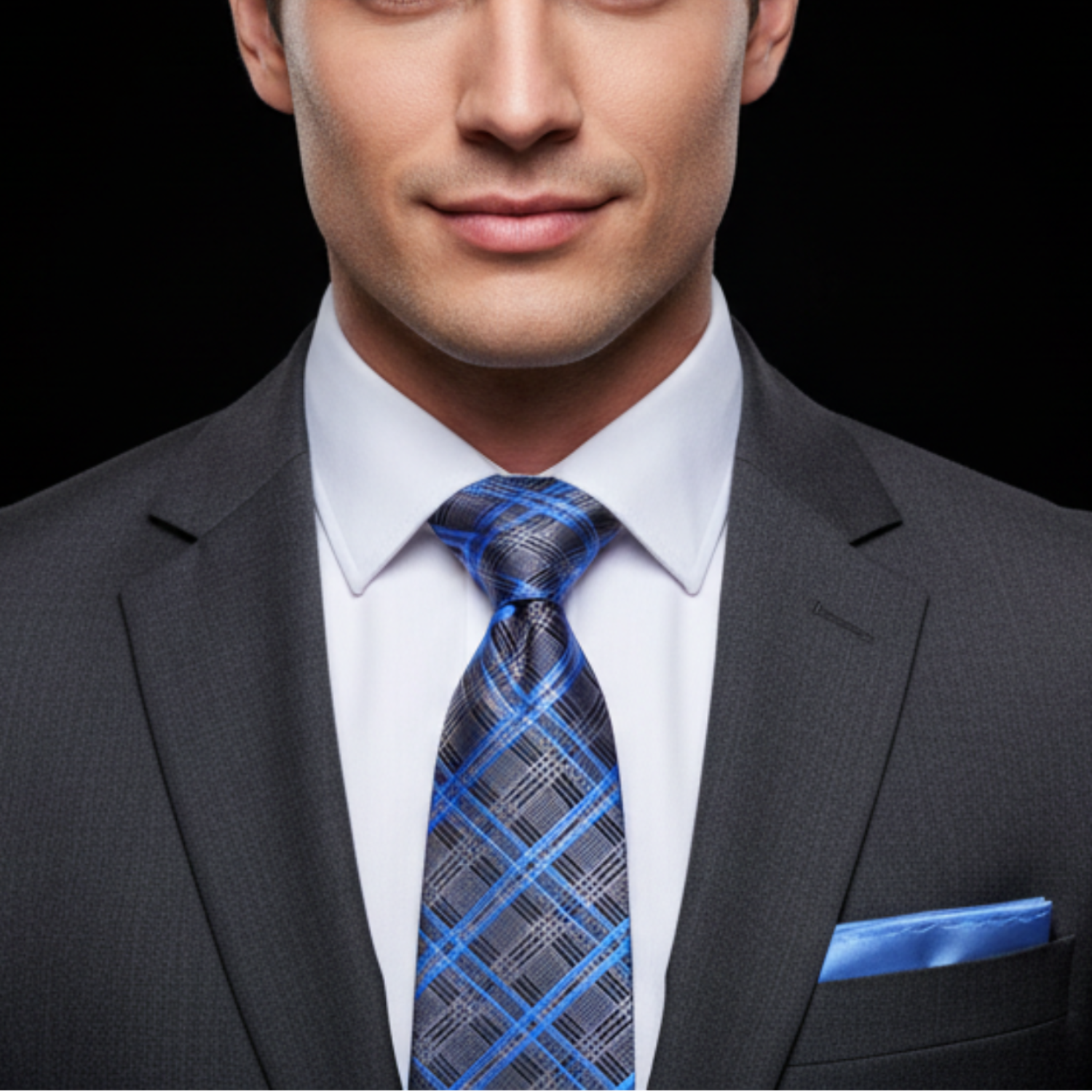 Man wearing a gray suit with a blue plaid tie and matching pocket square on a black background