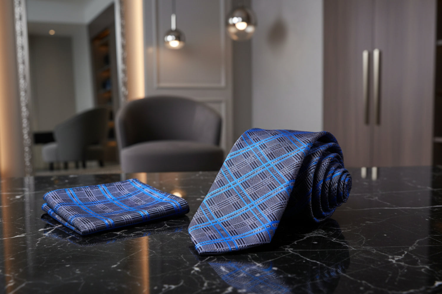 Alt View: Grey, Blue, Black Plaid Tie and Square