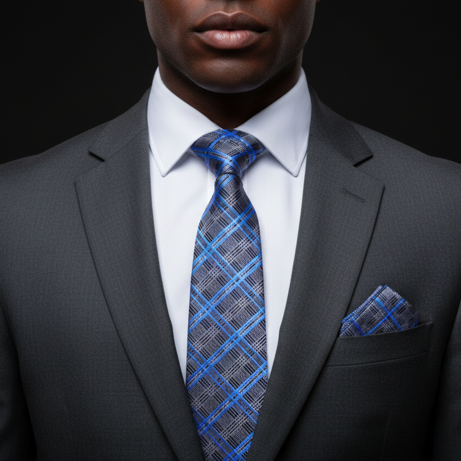 Man wearing a gray suit with a blue plaid tie and pocket square on a black background