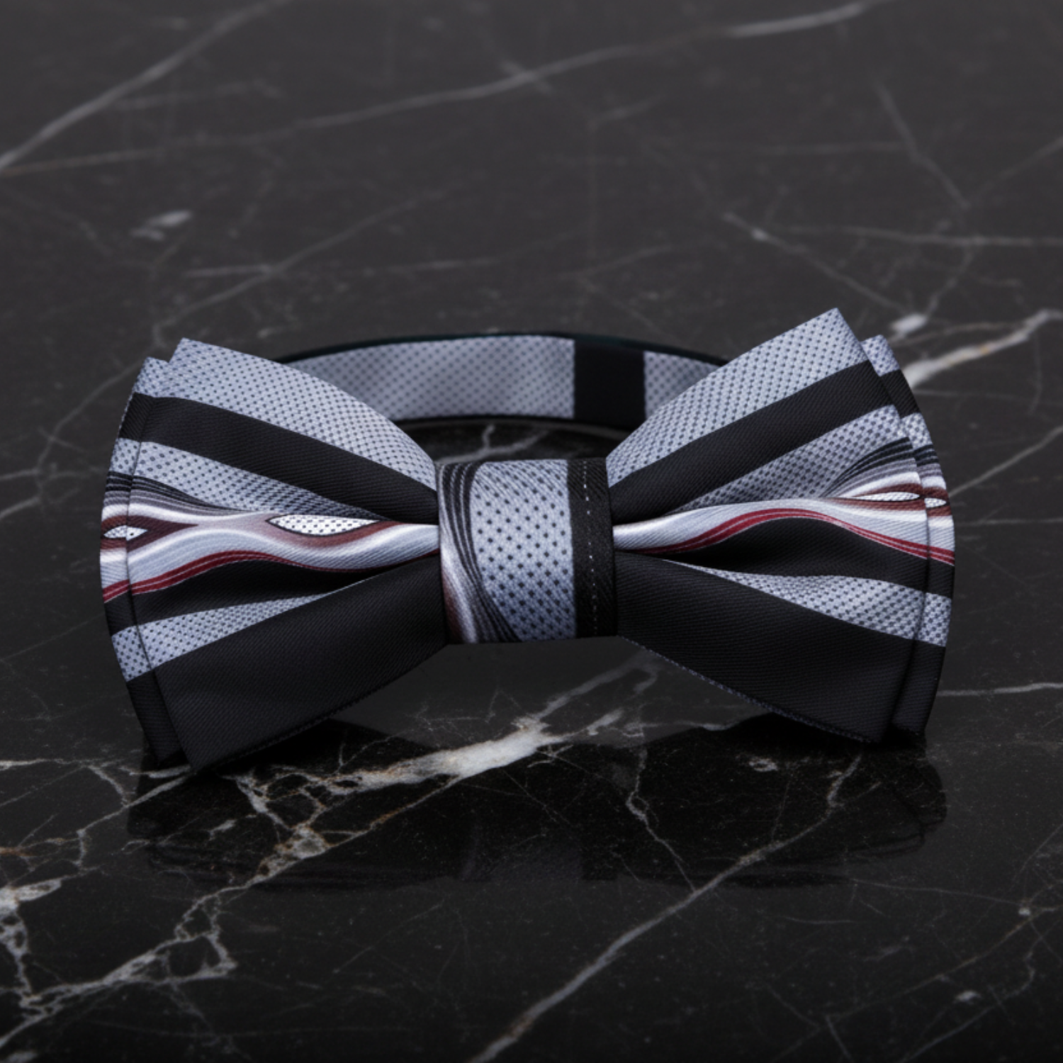 Fog Grey, Black, Deep Red Abstract Bow Tie Pre Tied