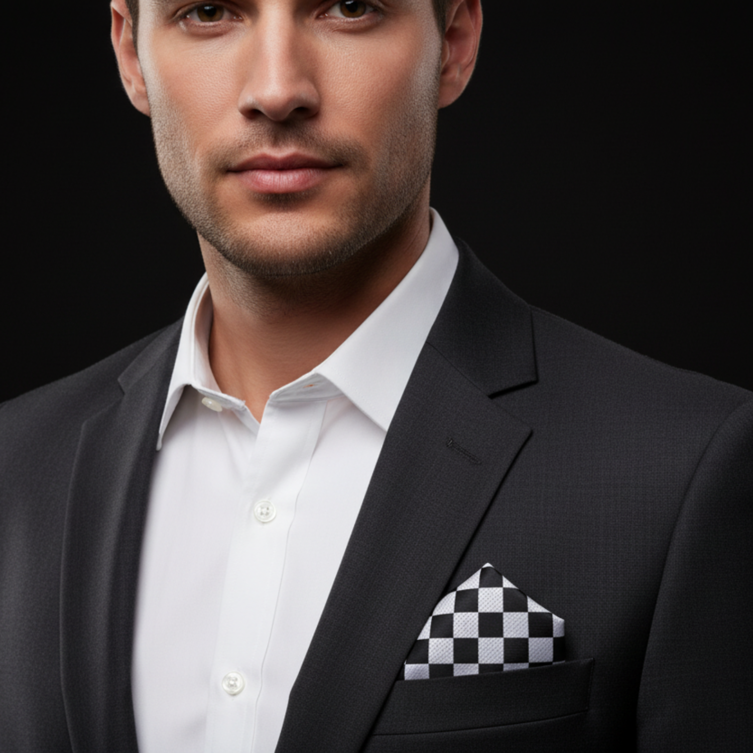Man wearing a black suit with a white shirt and checkered pocket square on a black background
