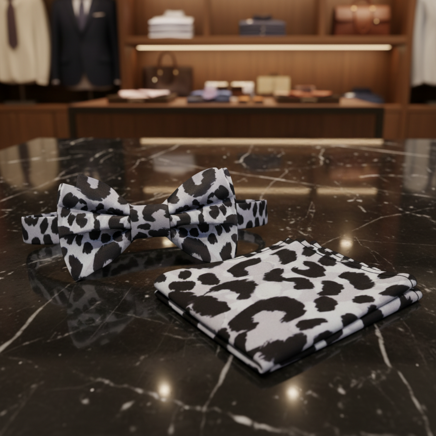  Light Grey Black Cheetah Bow Tie and Pocket Square||Grey