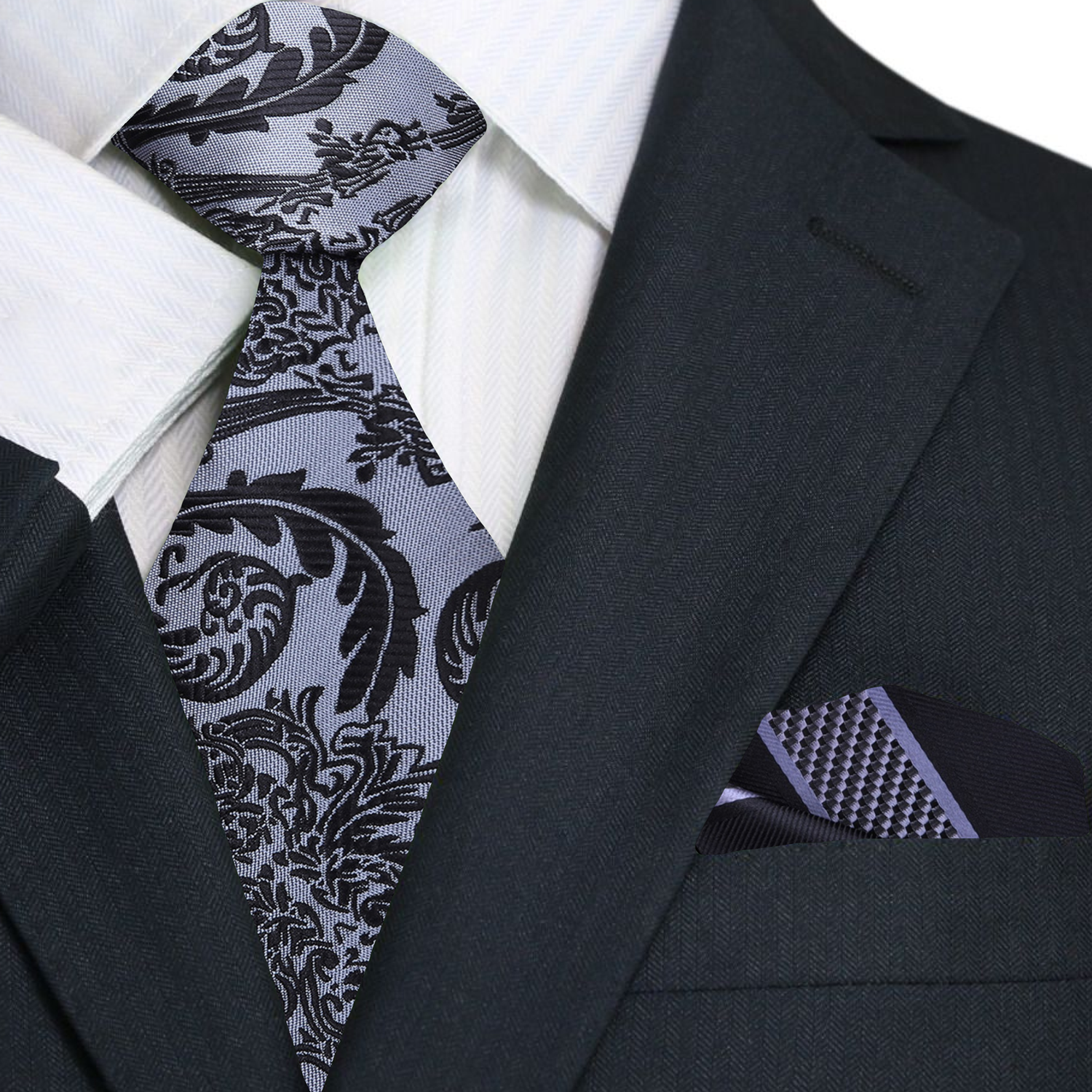 Grey, Black Floral Necktie and Accenting Square
