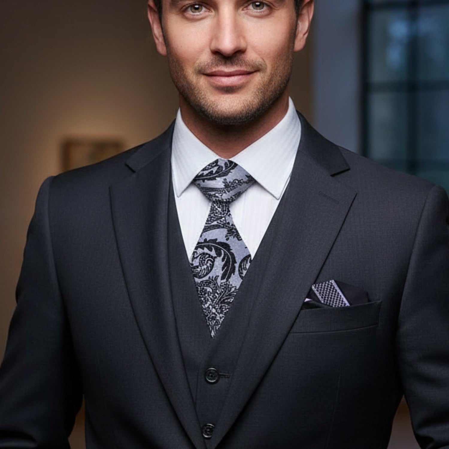 Man wearing a dark suit with a patterned tie and pocket square.