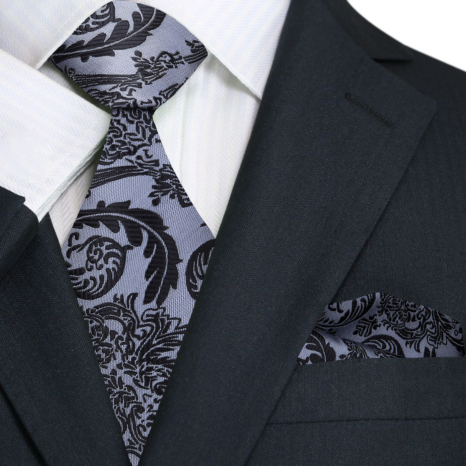 Grey, Black Floral Necktie and Square