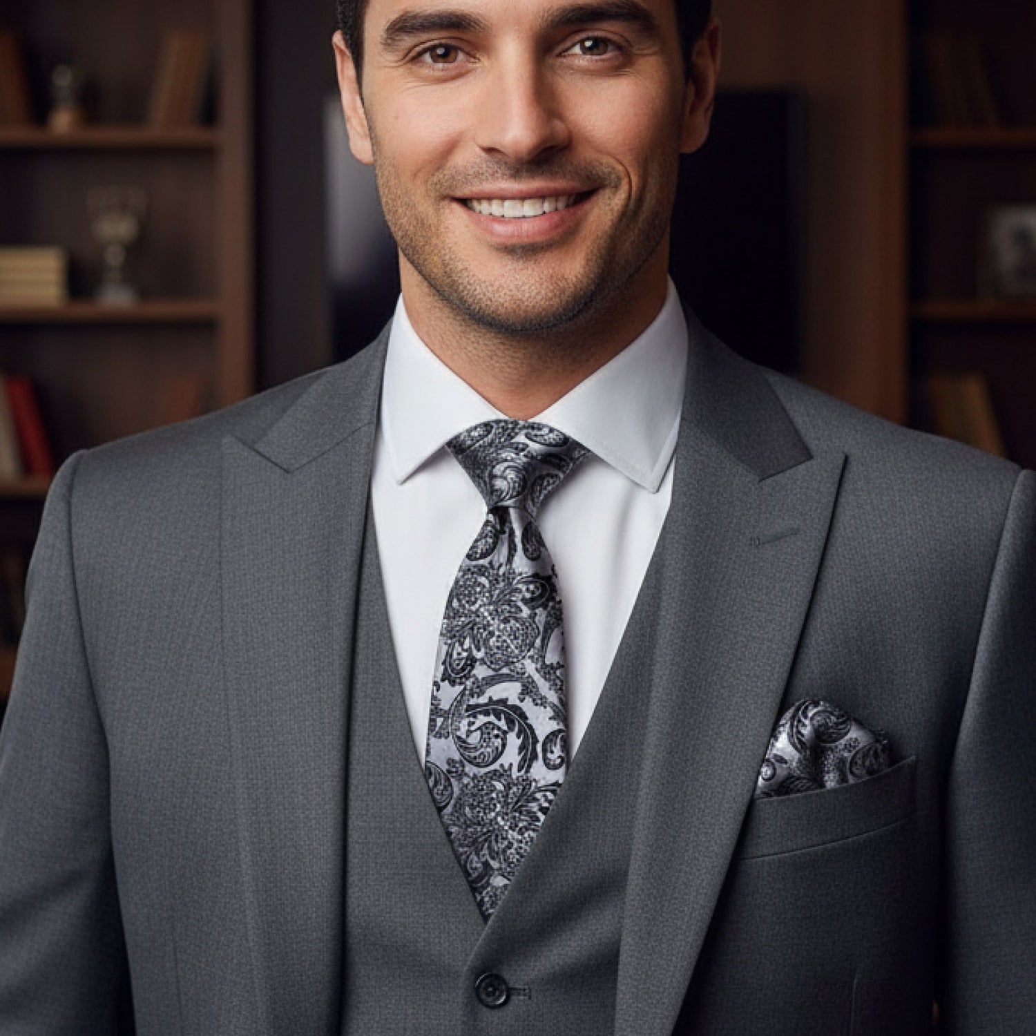 Man wearing a gray suit with a patterned tie and pocket square, smiling.