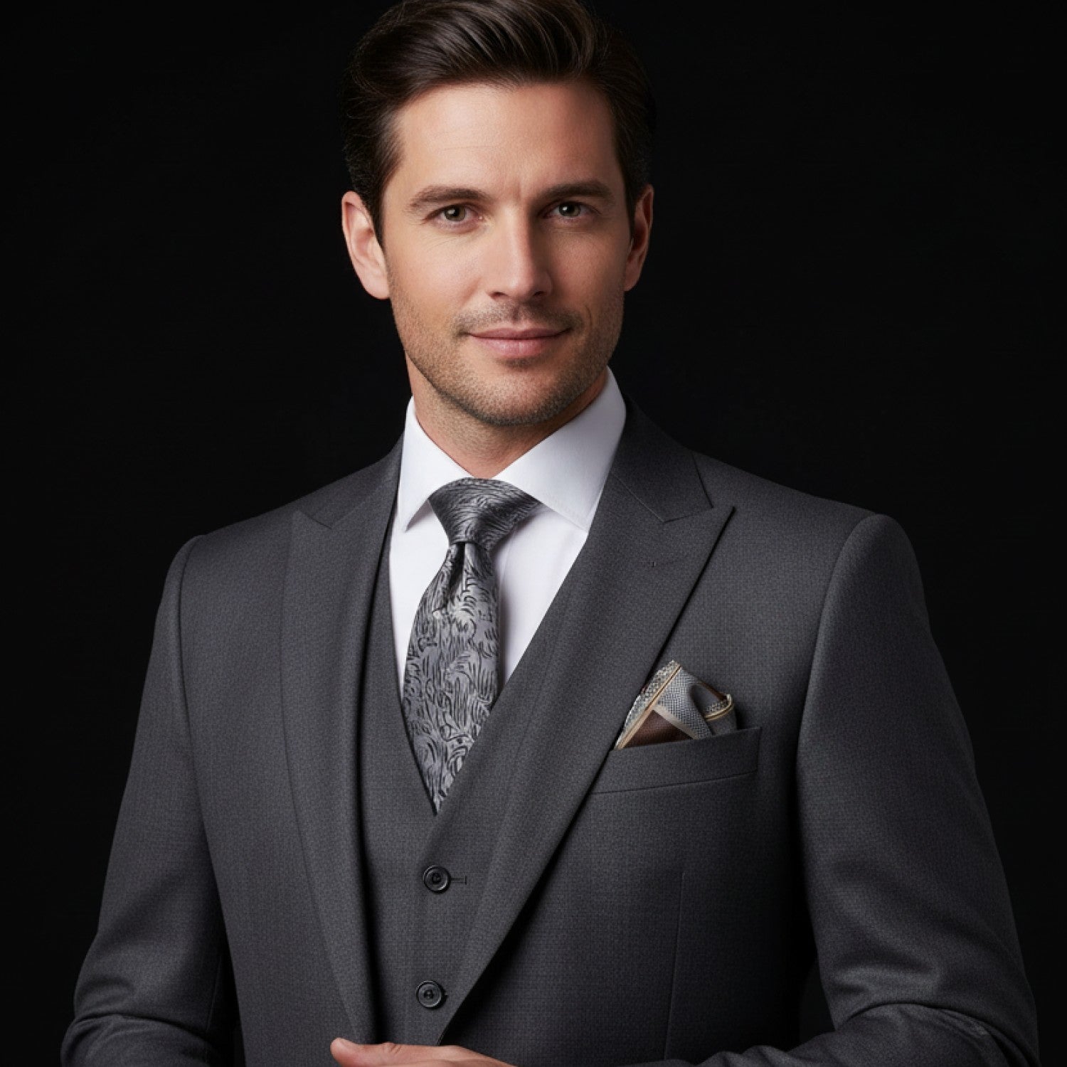 Man wearing a gray suit with a patterned tie against a black background
