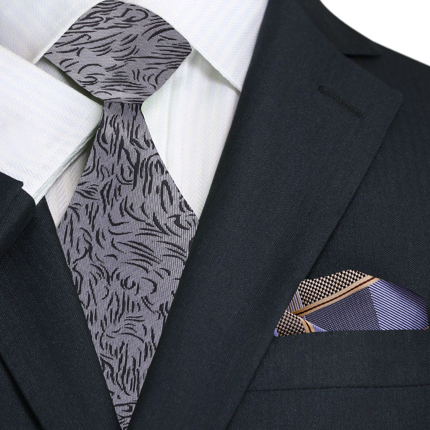 Premium Grey, Black Abstract Lines Tie and Accenting Grey, Gold Geometric Pocket Square