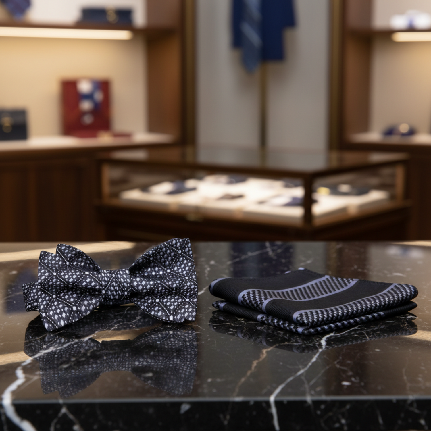 Silver and Black Geometric Self Tie Bow Tie and Accenting Stripe Square