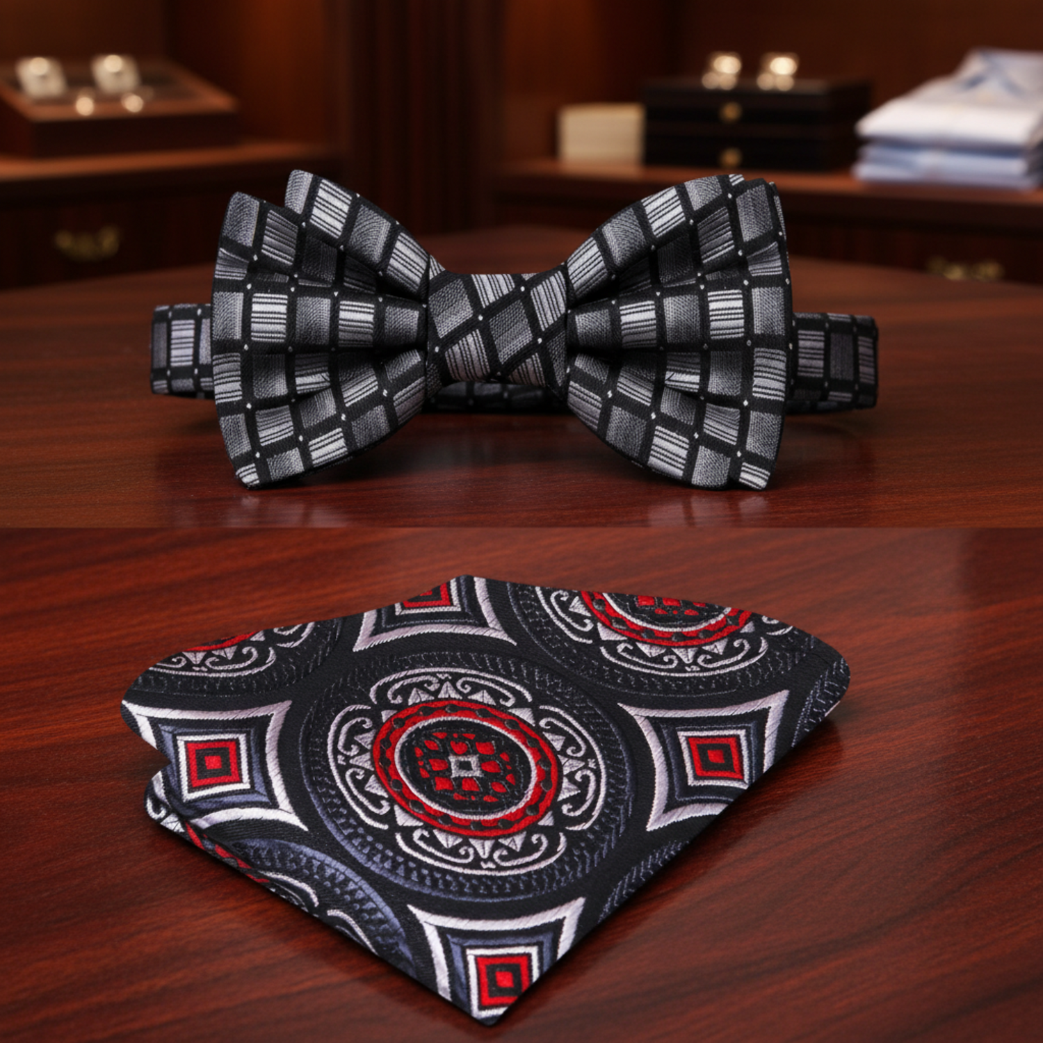 Grey Black Geometric Bow Tie and Accenting Square
