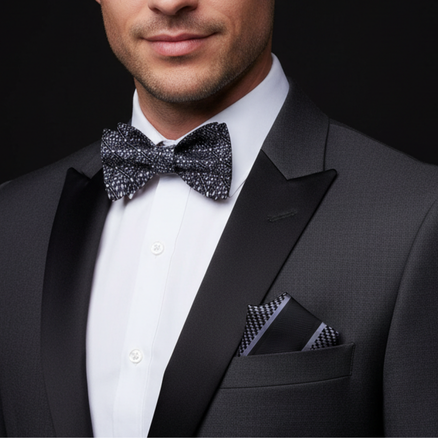 Man wearing a black tuxedo with a patterned bow tie and pocket square on a dark background