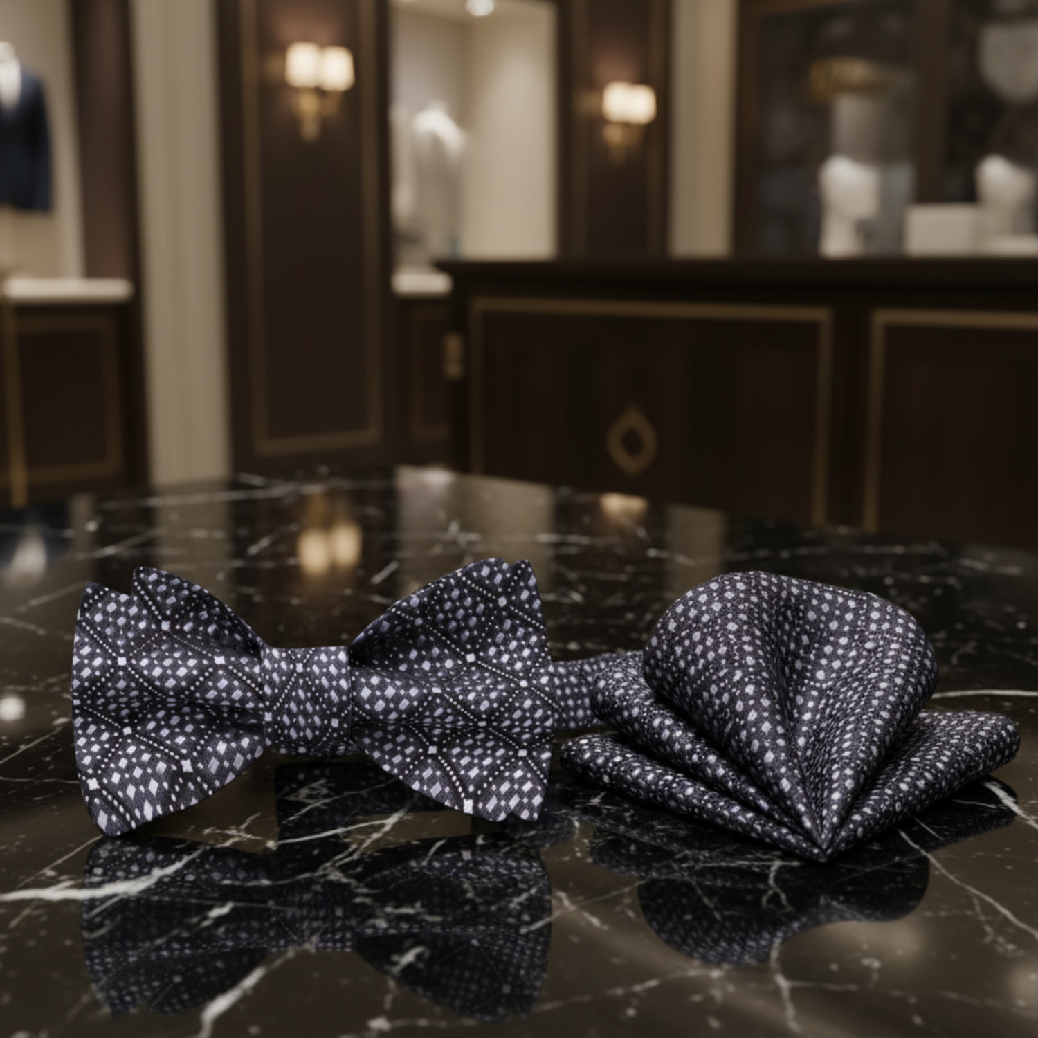 Silver and Black Geometric Self Tie Bow Tie and Square