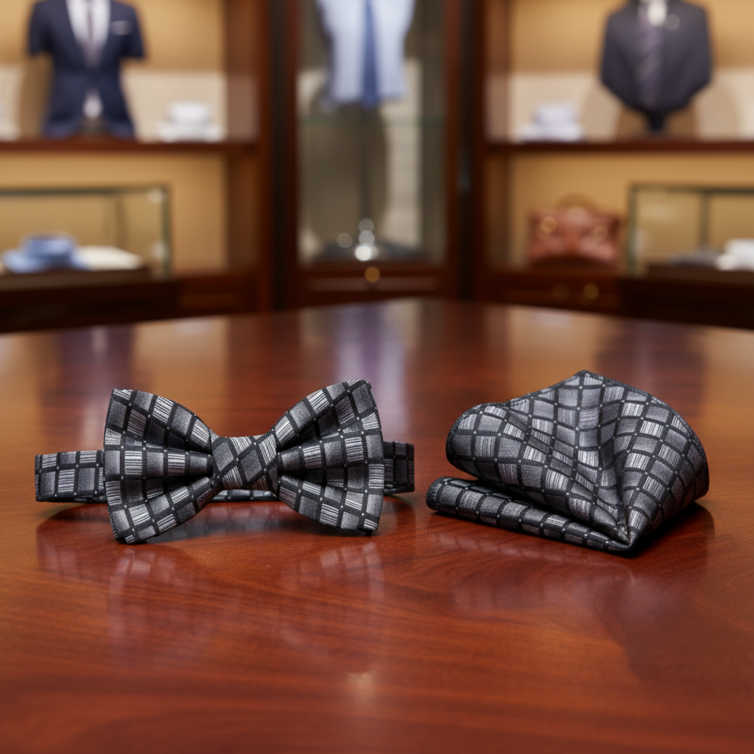 Grey Black Geometric Bow Tie and Square