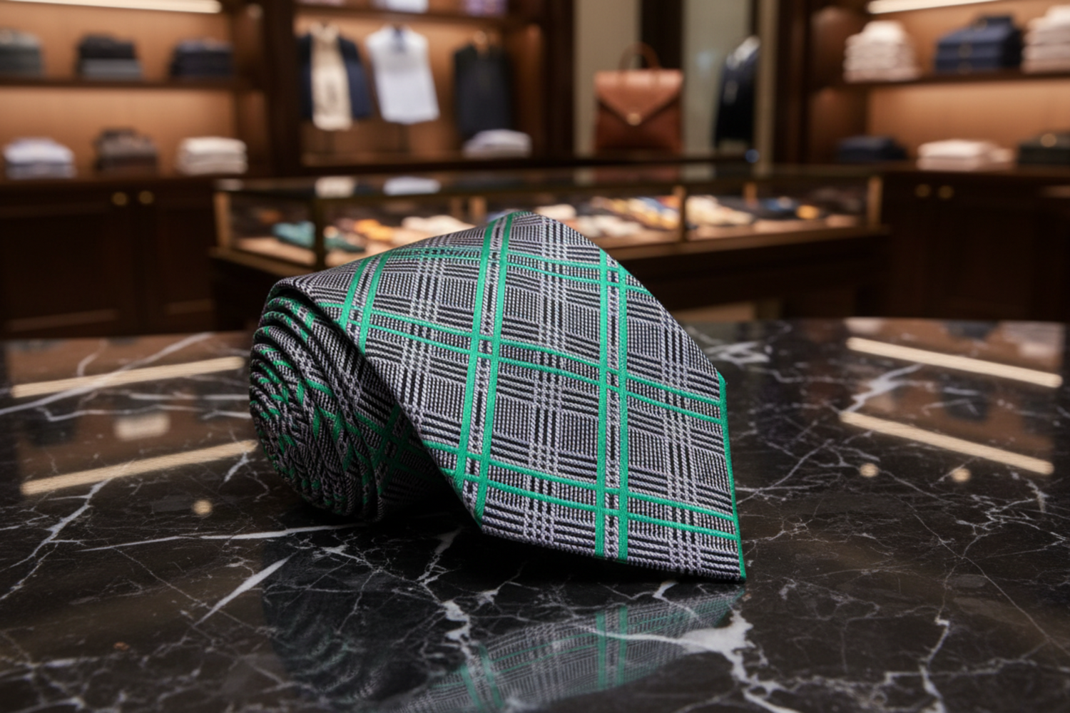 Grey, Black and Green with a Plaid Pattern necktie