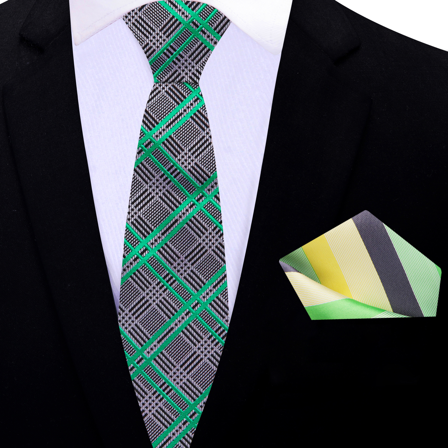 Grey, Black and Green with a Plaid Pattern Necktie and Accenting Square