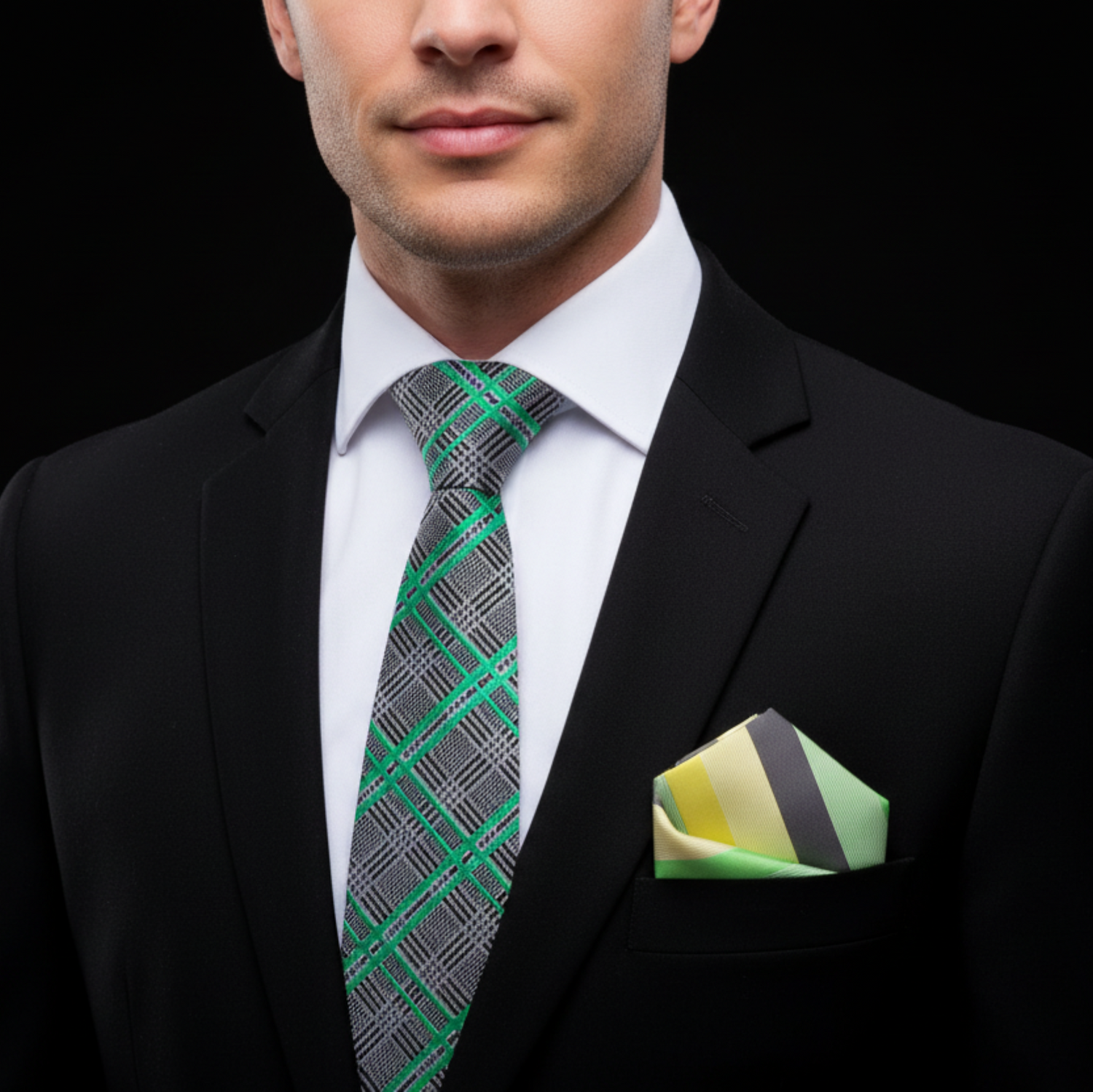 Man wearing a black suit with a green and gray plaid tie and a patterned pocket square on a black background