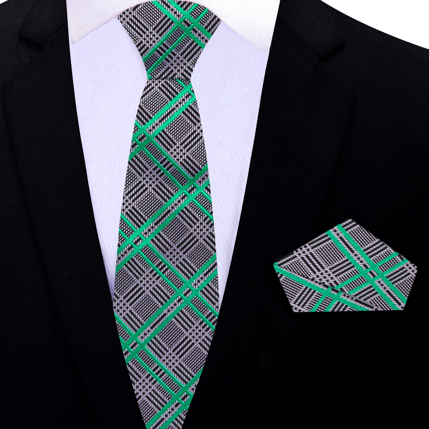 Grey, Black and Green with a Plaid Pattern Necktie and Square