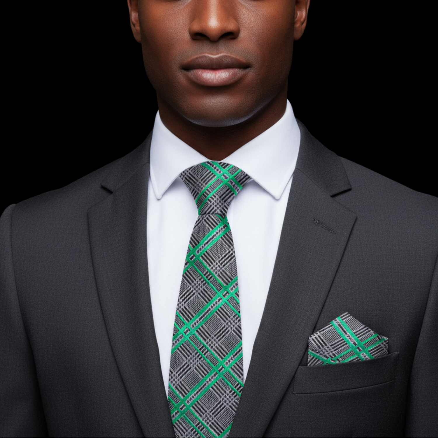 Man wearing a dark gray suit with a green and gray plaid tie and pocket square on a black background