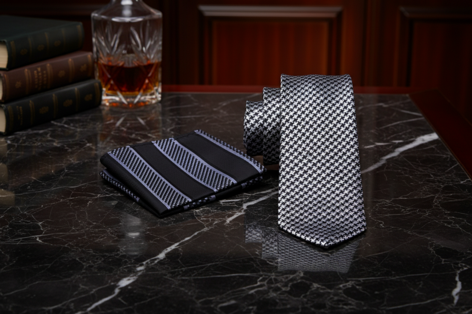 Alt Grey Black Houndstooth Necktie and Accenting Silver, Black Stripe Square