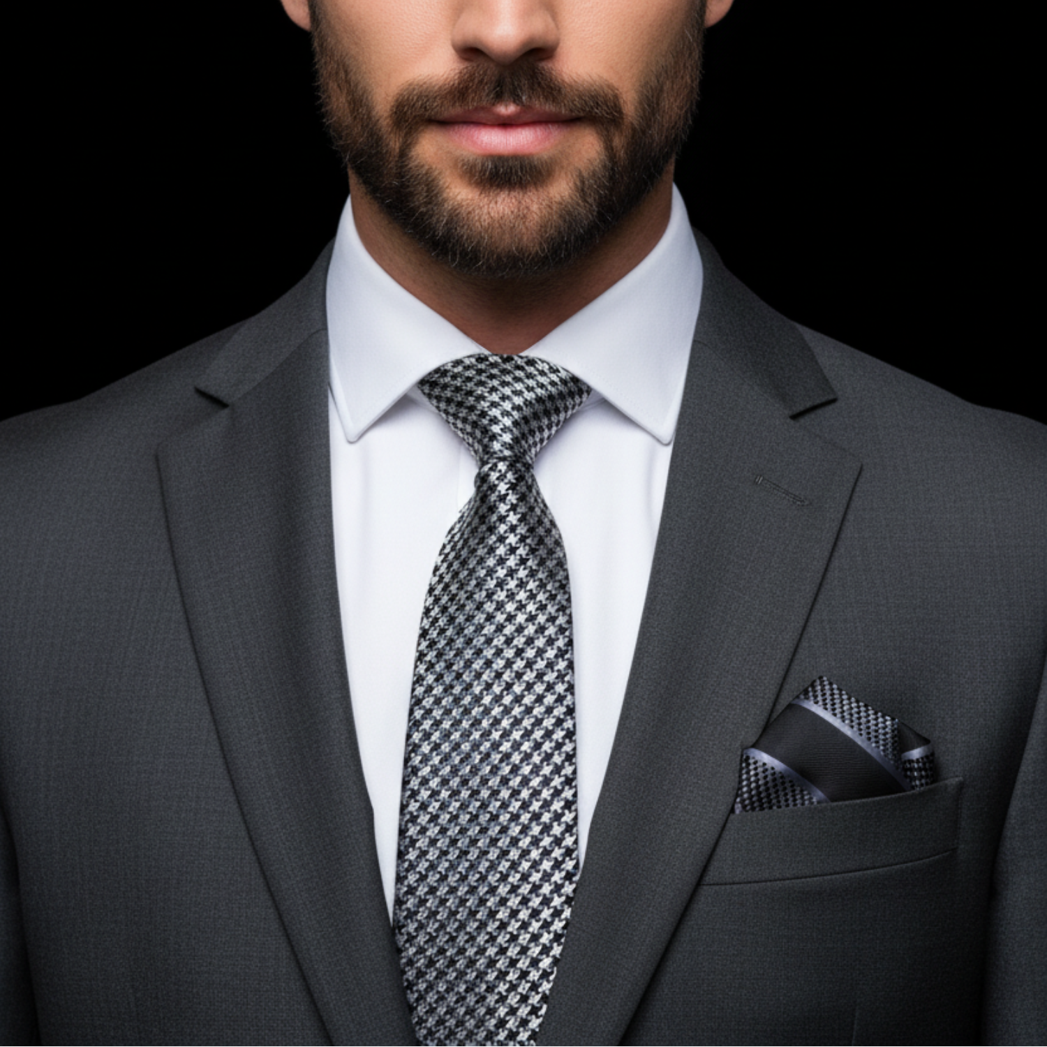 Man wearing a gray suit with a patterned tie and pocket square on a black background