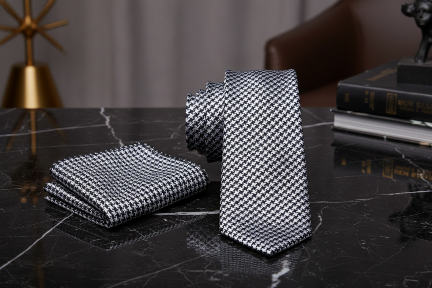 Alt Grey Black Houndstooth Necktie and Square