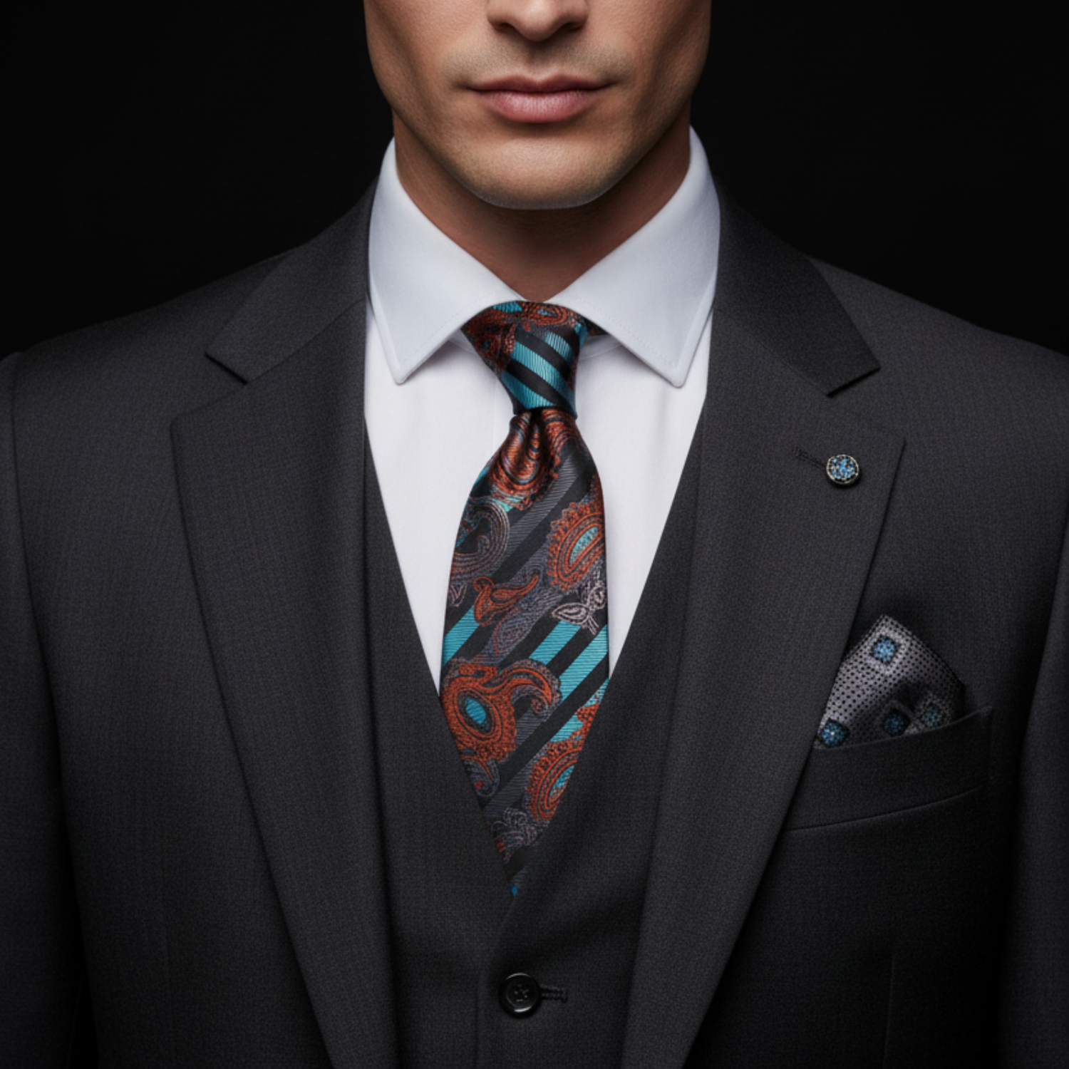 A close-up of a man wearing a dark gray three-piece suit, white dress shirt, and a patterned necktie with teal, orange, and gray paisley and stripe details. A matching pocket square is tucked into the suit jacket's breast pocket against a solid black background.