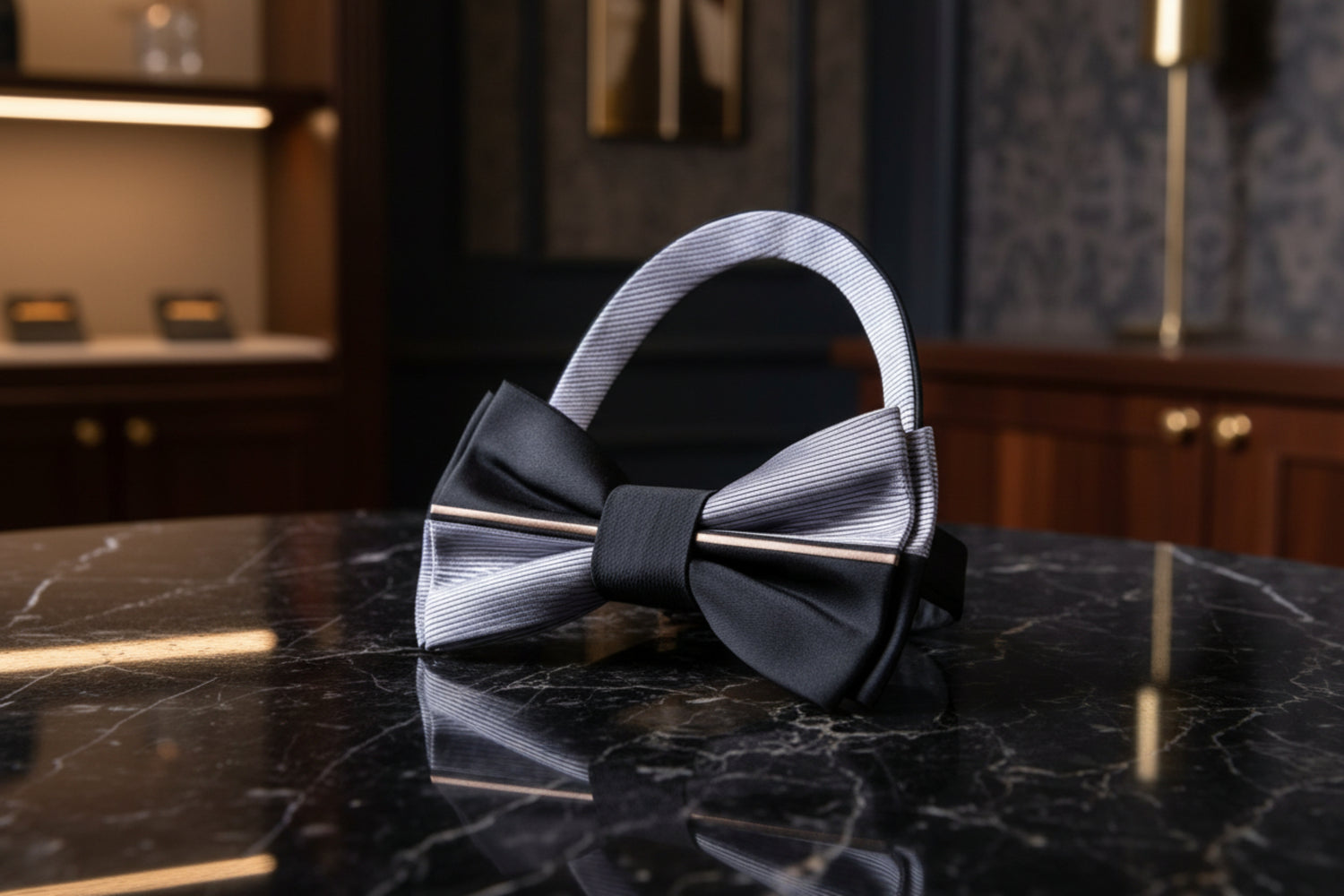 Grey, Black Lined Bow Tie Pre Tied
