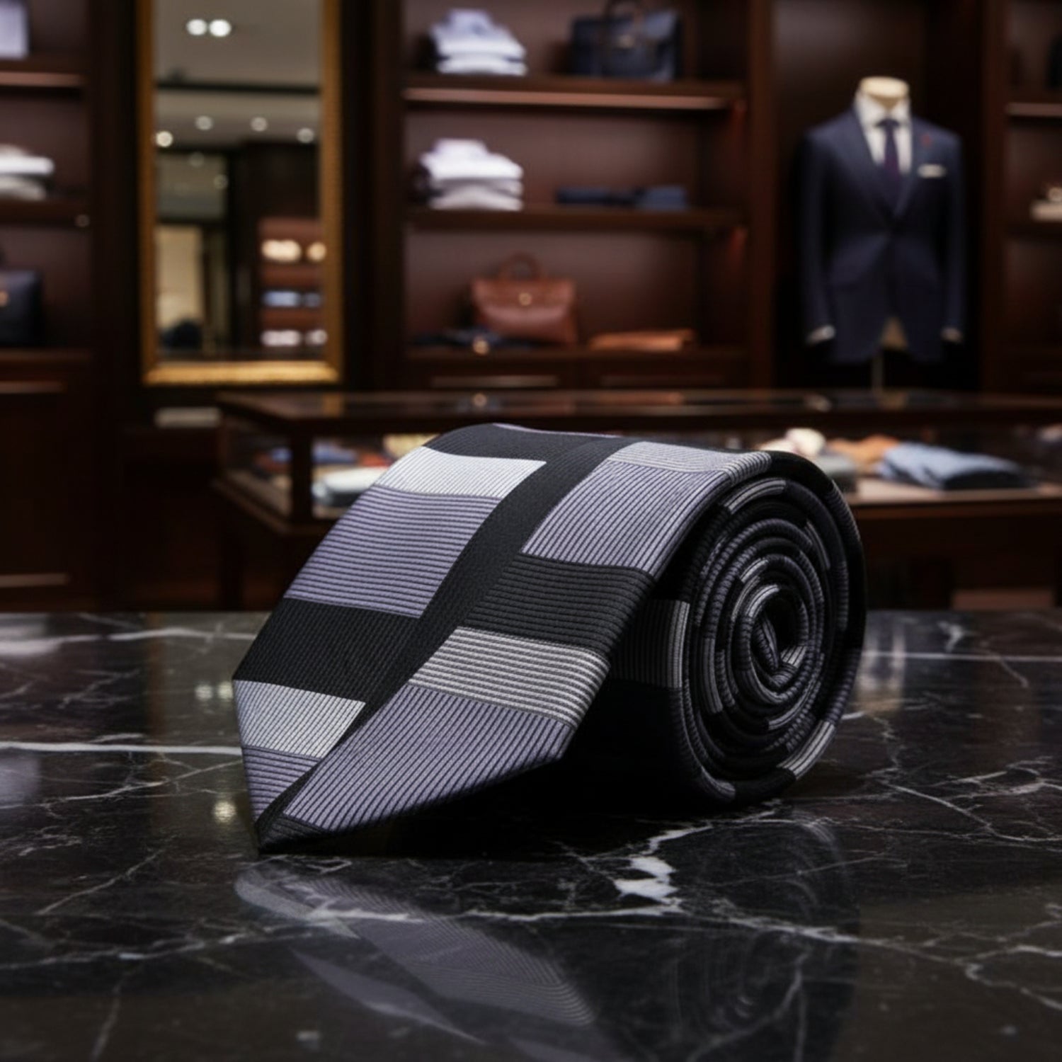 Grey, Black Abstract Necktie  